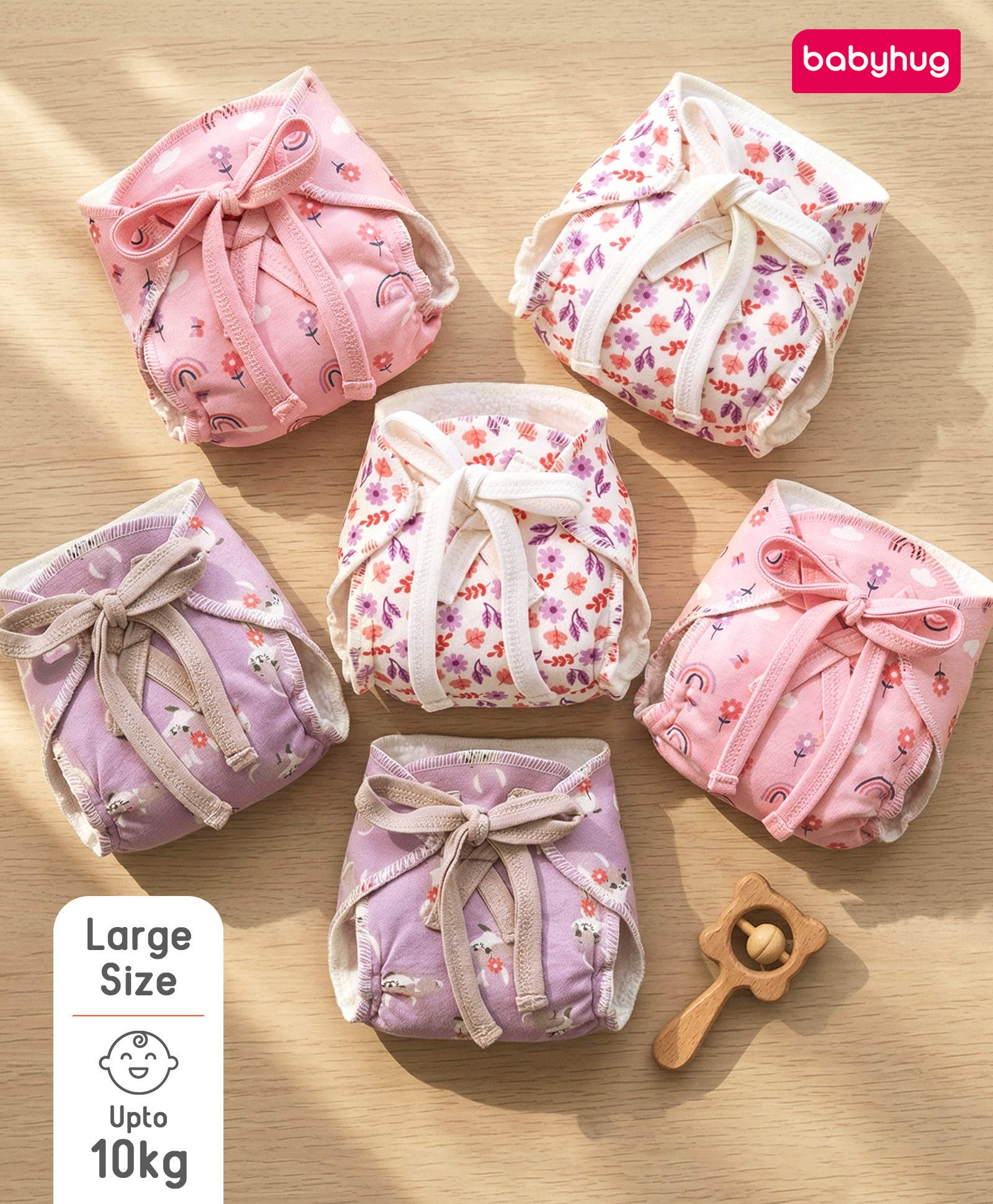 Babyhug Leak Proof Cloth Langot Pack of 6 Large Size Rabbit Rainbow and Floral Print | Triple Layer Protection | Reusable | Designed for Short Term Comfy Wear | Mess Free - Pink-image-37