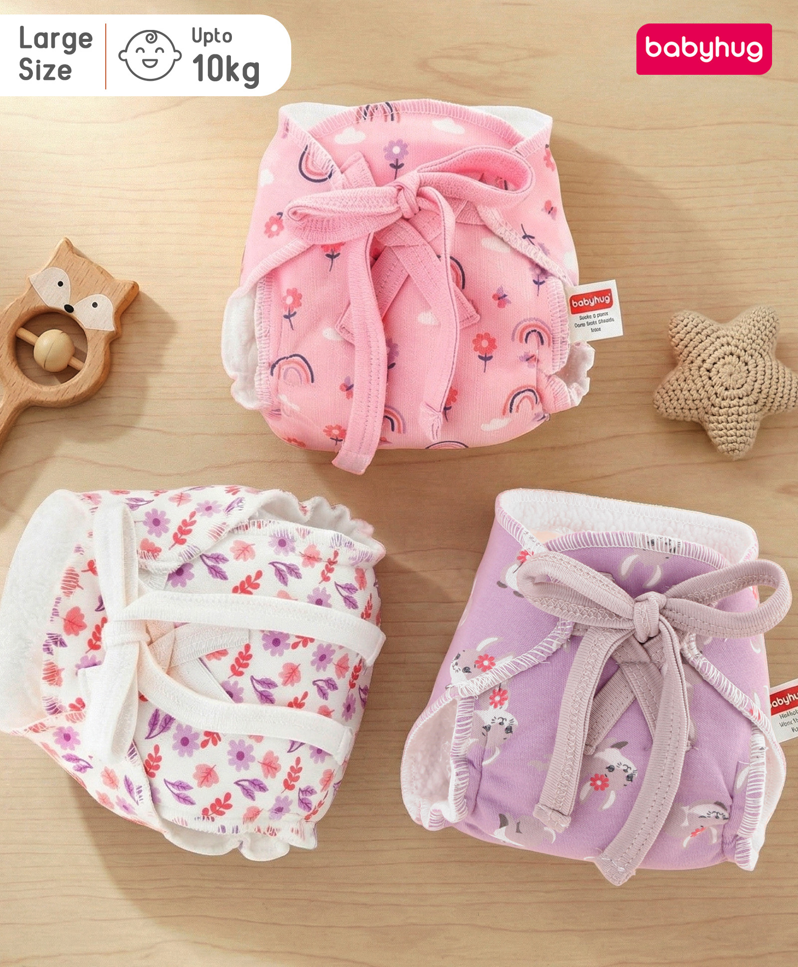 Babyhug Leak Proof Cloth Langot Pack of 3 Large Size Rabbit Rainbow and Floral Print | Triple Layer Protection | Reusable | Designed for Short Term Comfy Wear | Mess Free - Pink-image-47