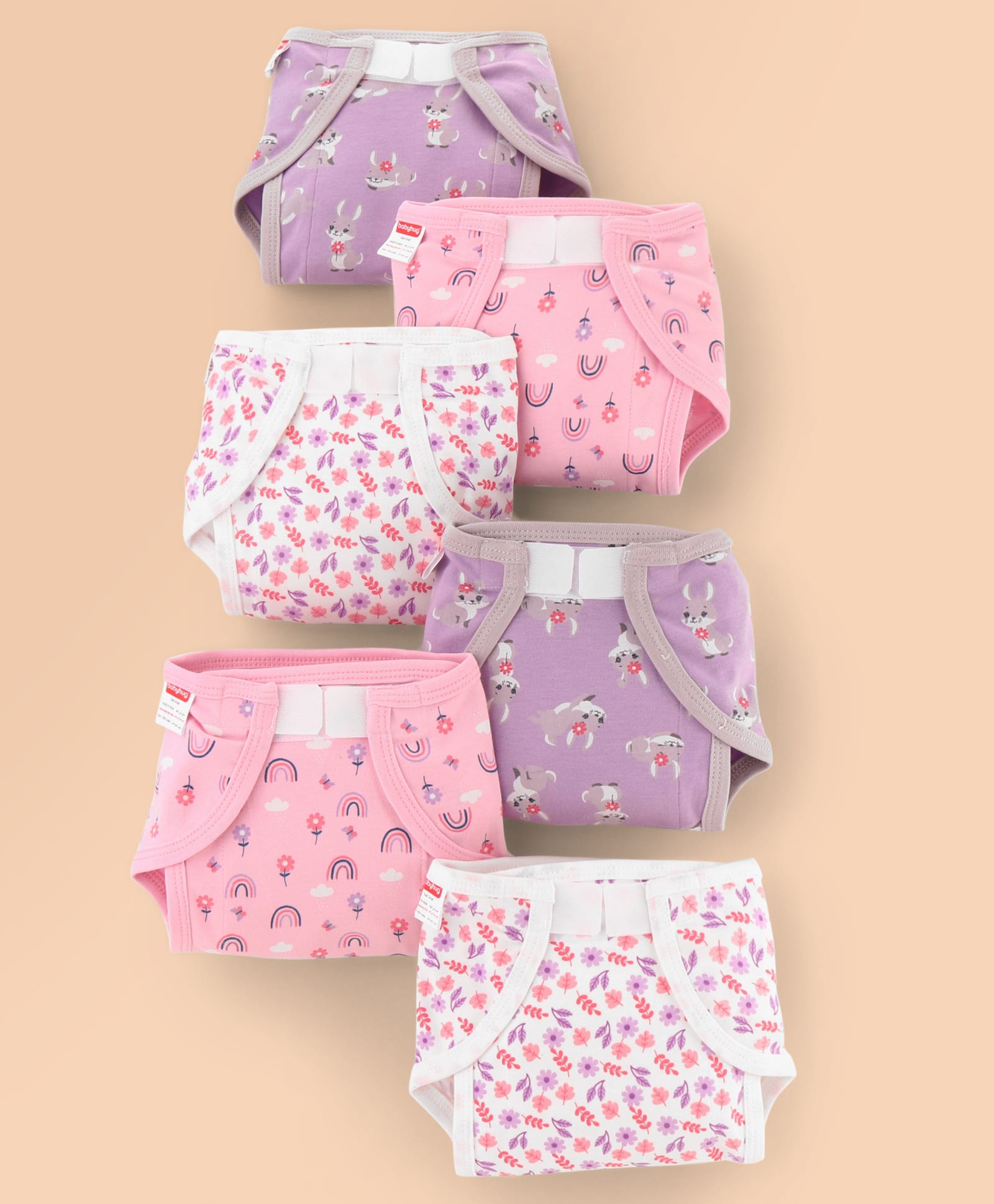 Babyhug 100% Interlock Cotton Reusable Printed Cloth Nappies with Velcro Closure Pack of 6 Rabbit, Rainbow and Flower Print Small Size| Machine Washable| Soft & Skin Friendly-image-35