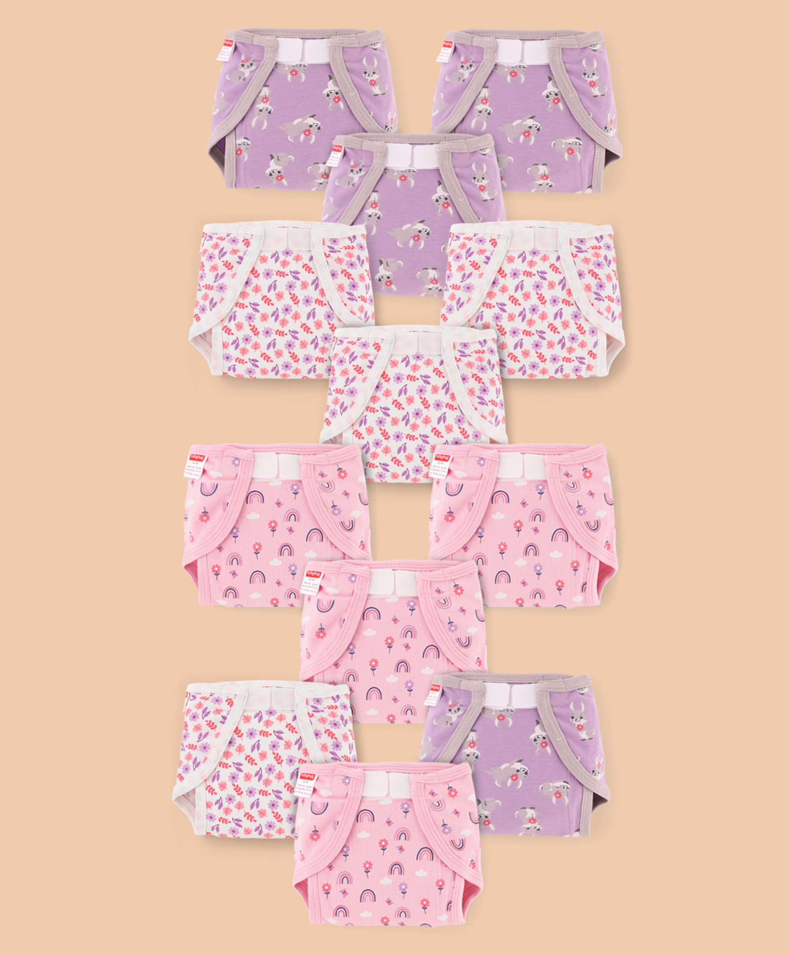 Babyhug 100% Interlock Cotton Reusable Printed Cloth Nappies with Velcro Closure Pack of 12 Rabbit, Rainbow and Flower Print Small Size| Machine Washable| Soft & Skin Friendly-image-34