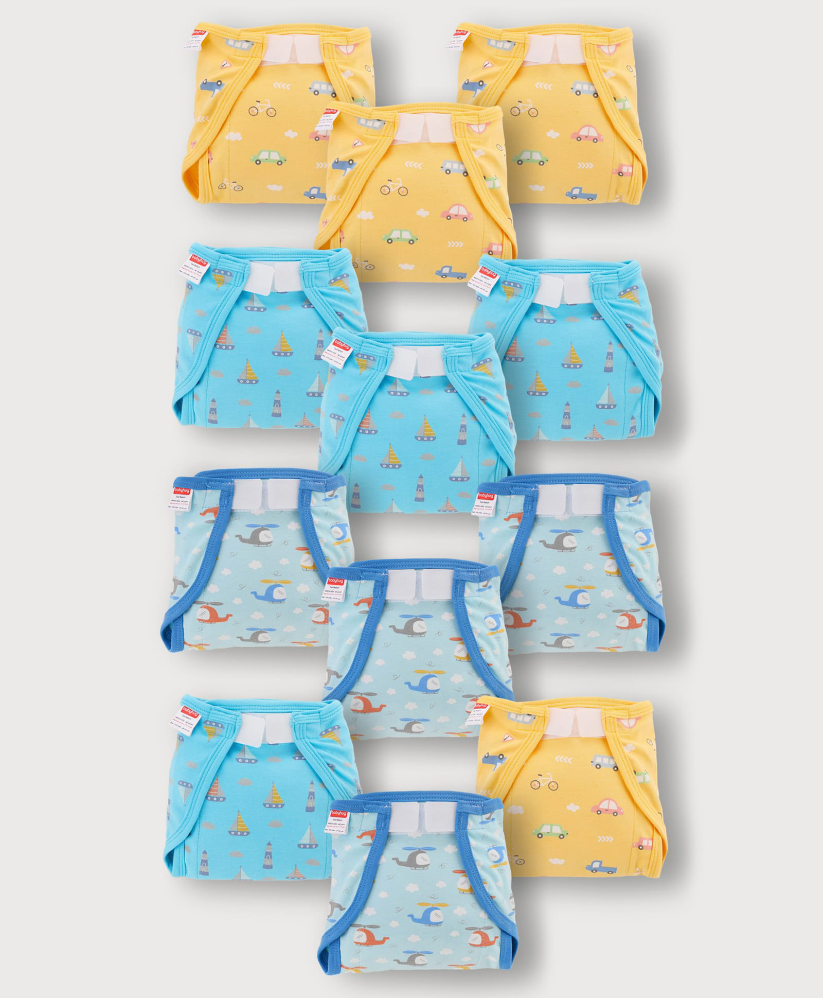 Babyhug 100% Interlock Cotton Reusable Velcro Closure Printed Cloth Nappies Small Size Pack of 12 Helicopter, Boat & Car Print| Breathable & Skin Friendly| High Absorbent Material| Machine Washable.-image-40