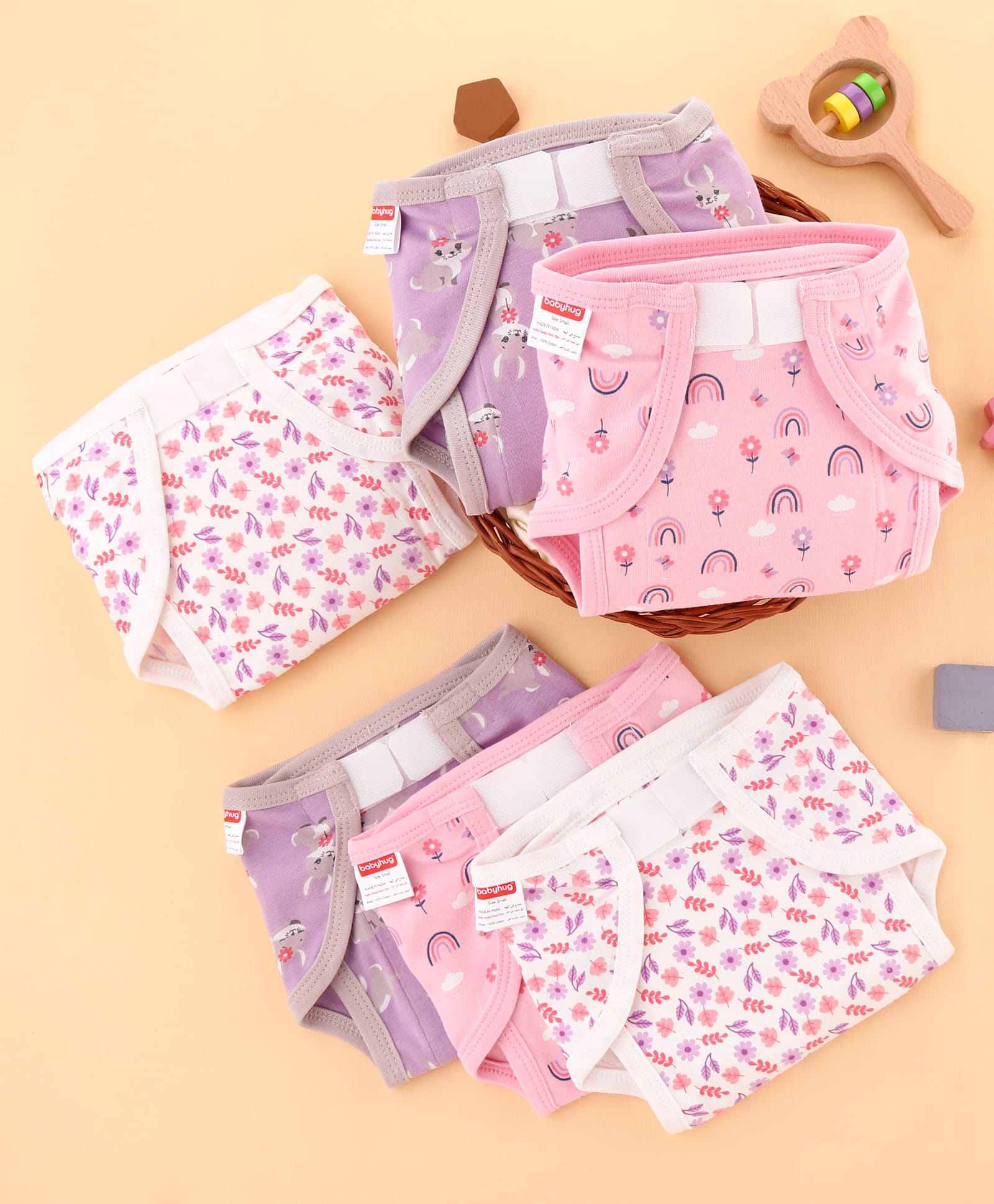 Babyhug 100% Interlock Cotton Reusable Printed Cloth Nappies with Velcro Closure Pack of 6 Rabbit, Rainbow and Flower Print Medium Size| Machine Washable| Soft & Skin Friendly-picture-11