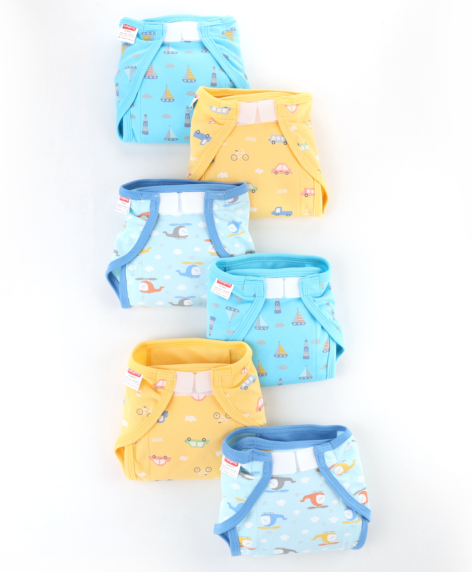 Babyhug 100% Interlock Cotton Reusable Printed Cloth Nappies with Velcro Closure Pack of 6 Helicopter, Boat & Car Print Medium Size| Machine Washable| Soft & Skin Friendly-image-8