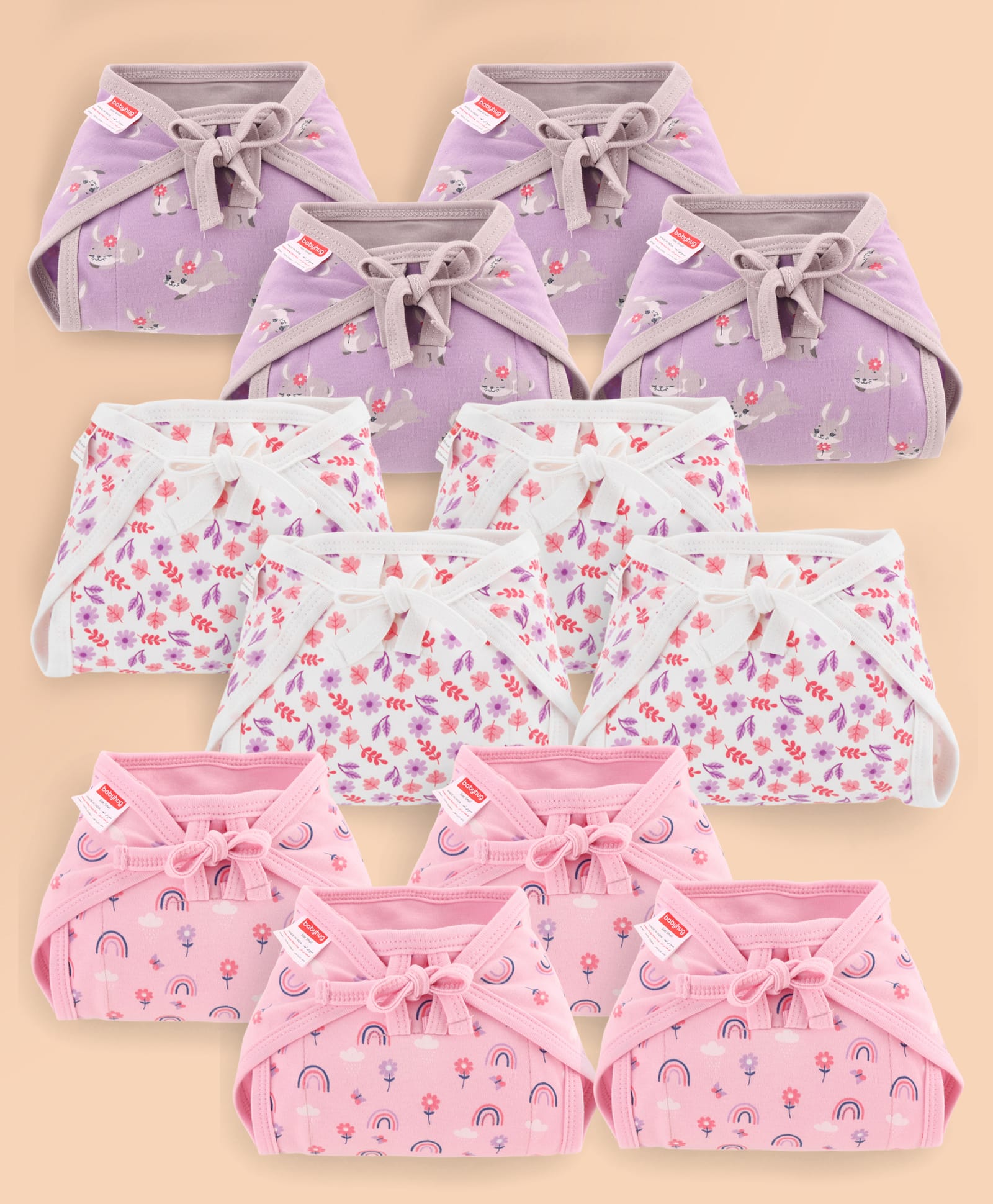 Babyhug 100% Interlock Cotton Double Layer Nappy Rabbit, Rainbow and Flower Print Pack of 12 - Small Size| Machine Washable| Soft & Skin Friendly| Tie Knot Style-image-23