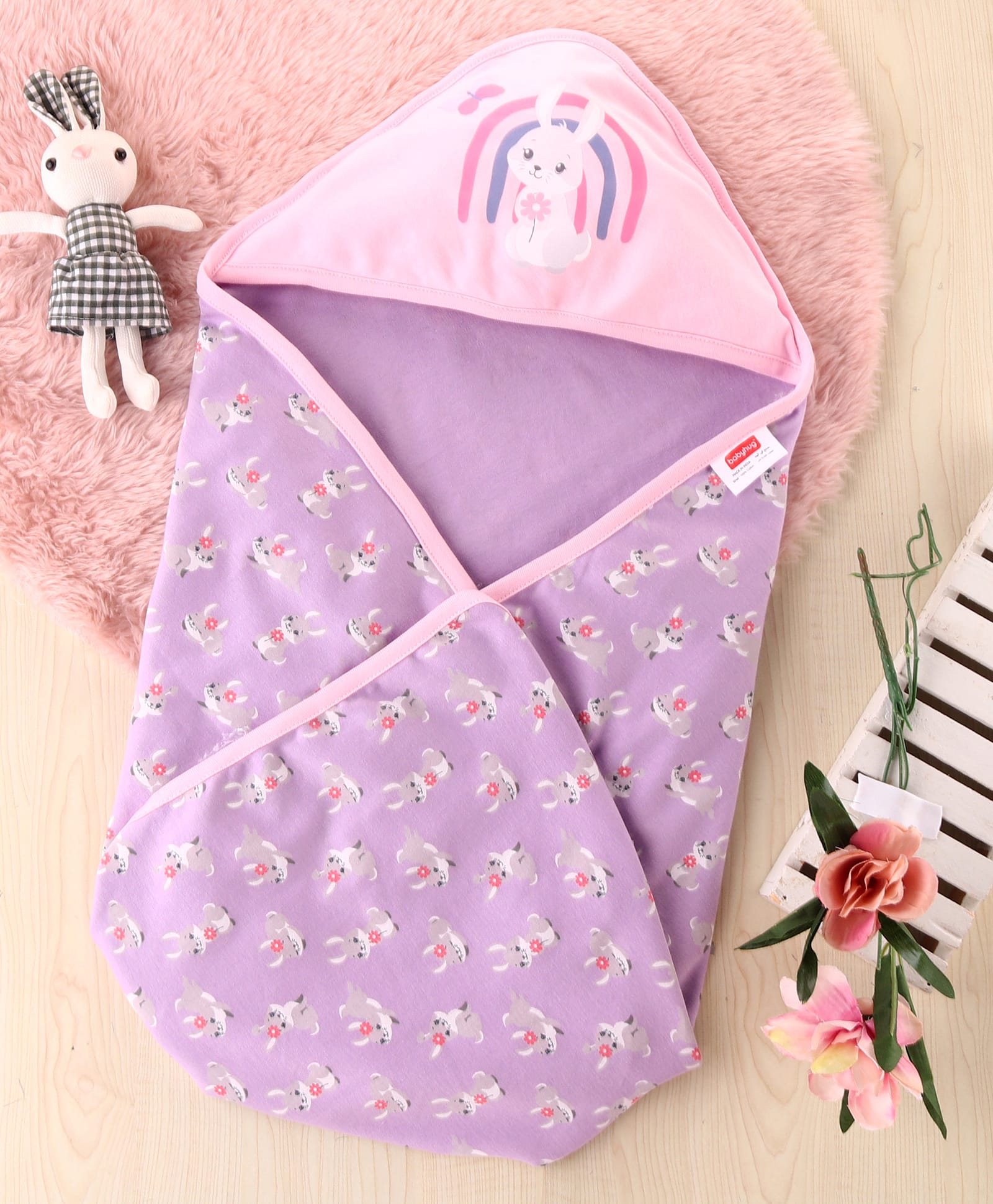 Babyhug 100 % Interlock Cotton Single Ply Double Layer Hooded Wrapper Rabbit Print| Adjustable Design| Soft Breathable| All Season| Machine washable| New Born Gifting for Boys & Girls Purple-image-40