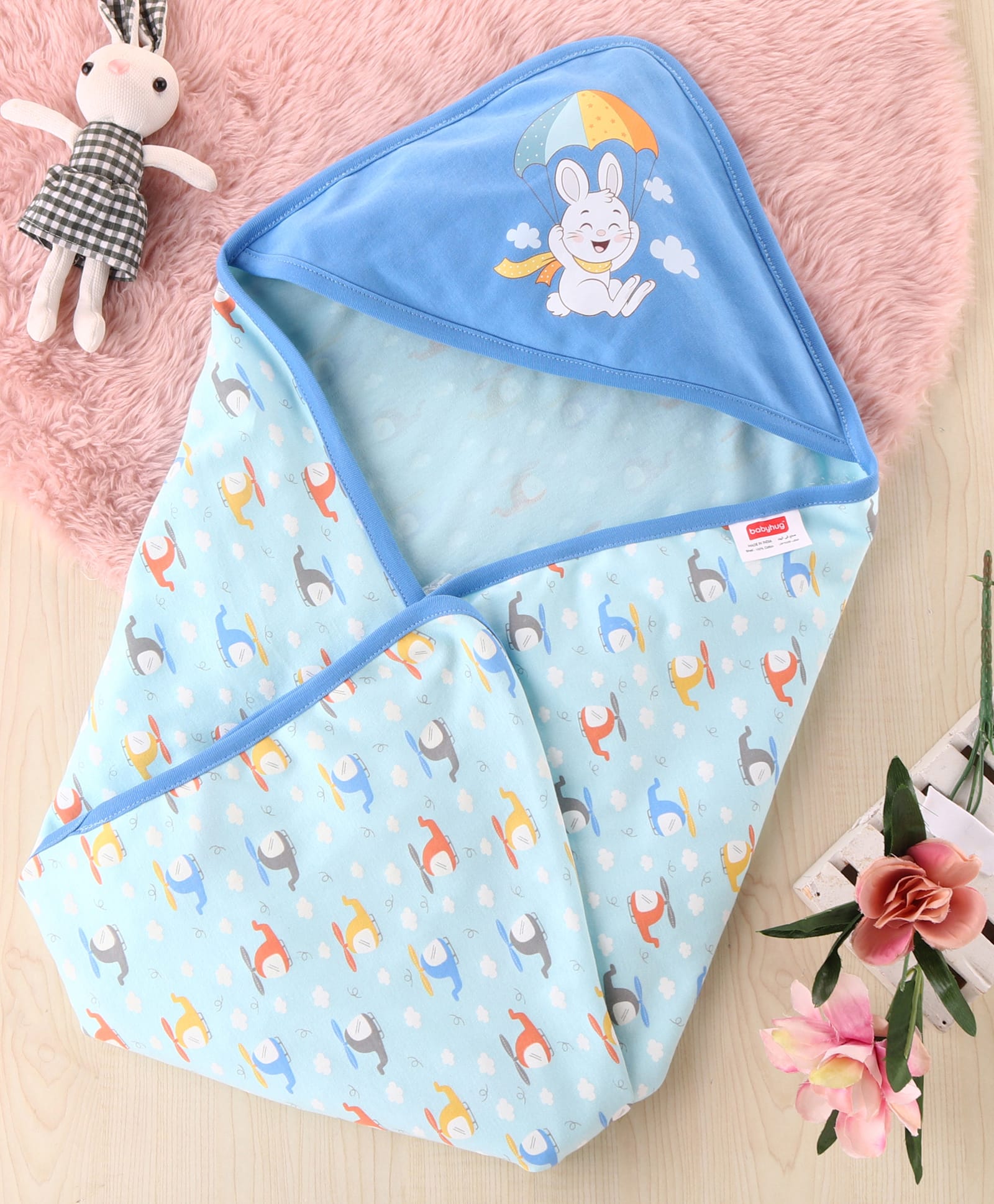 Babyhug 100 % Interlock Cotton Single Ply Double Layer Hooded Wrapper Helicopter Print| Adjustable Design| Soft Breathable| All Season| Machine washable| New Born Gifting for Boys & Girls Blue-picture-10