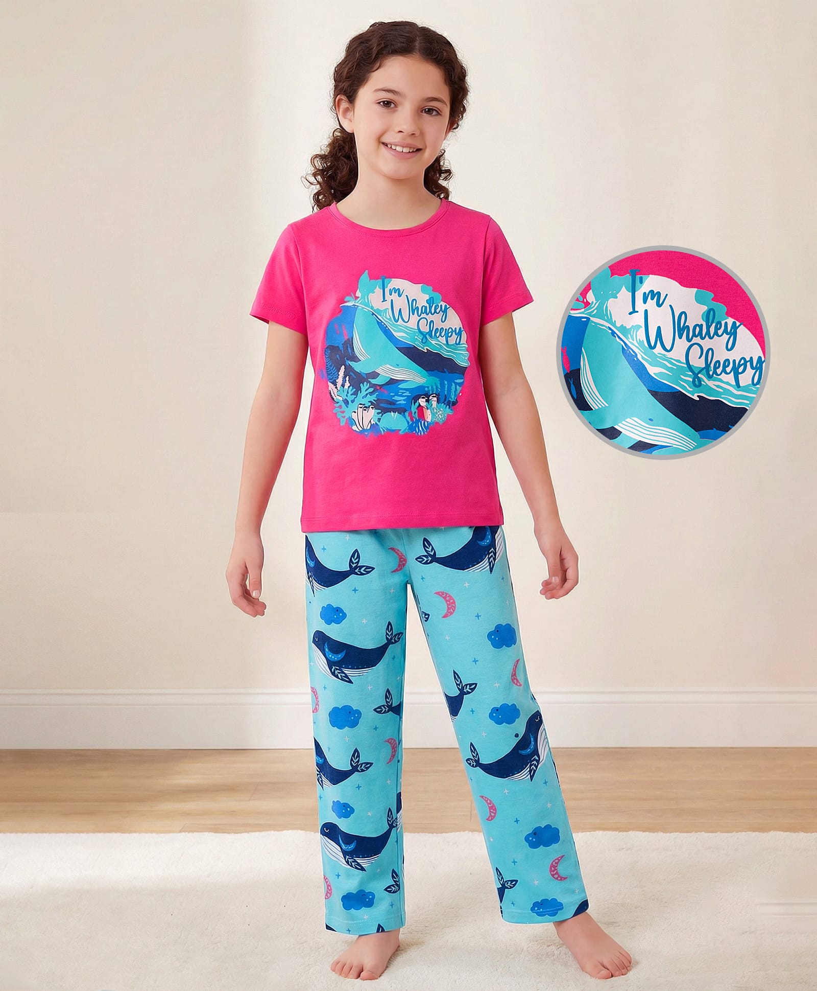 Pine Kids Single Jersey Knit Half Sleeves Night Suit With Whale Print - Blue & Dark Pink-image-39
