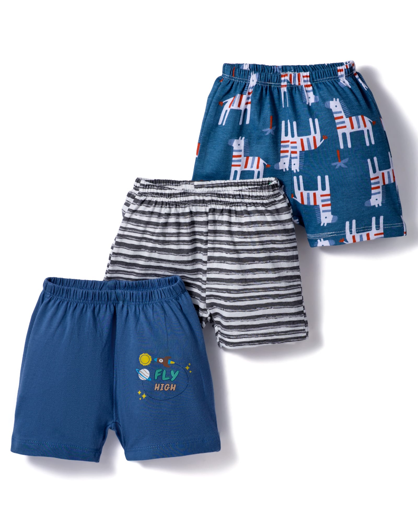 OHMS Single Jersey Knit Knee Length Short With Animal Print Pack Of 3 - Navy Blue & White-image-46