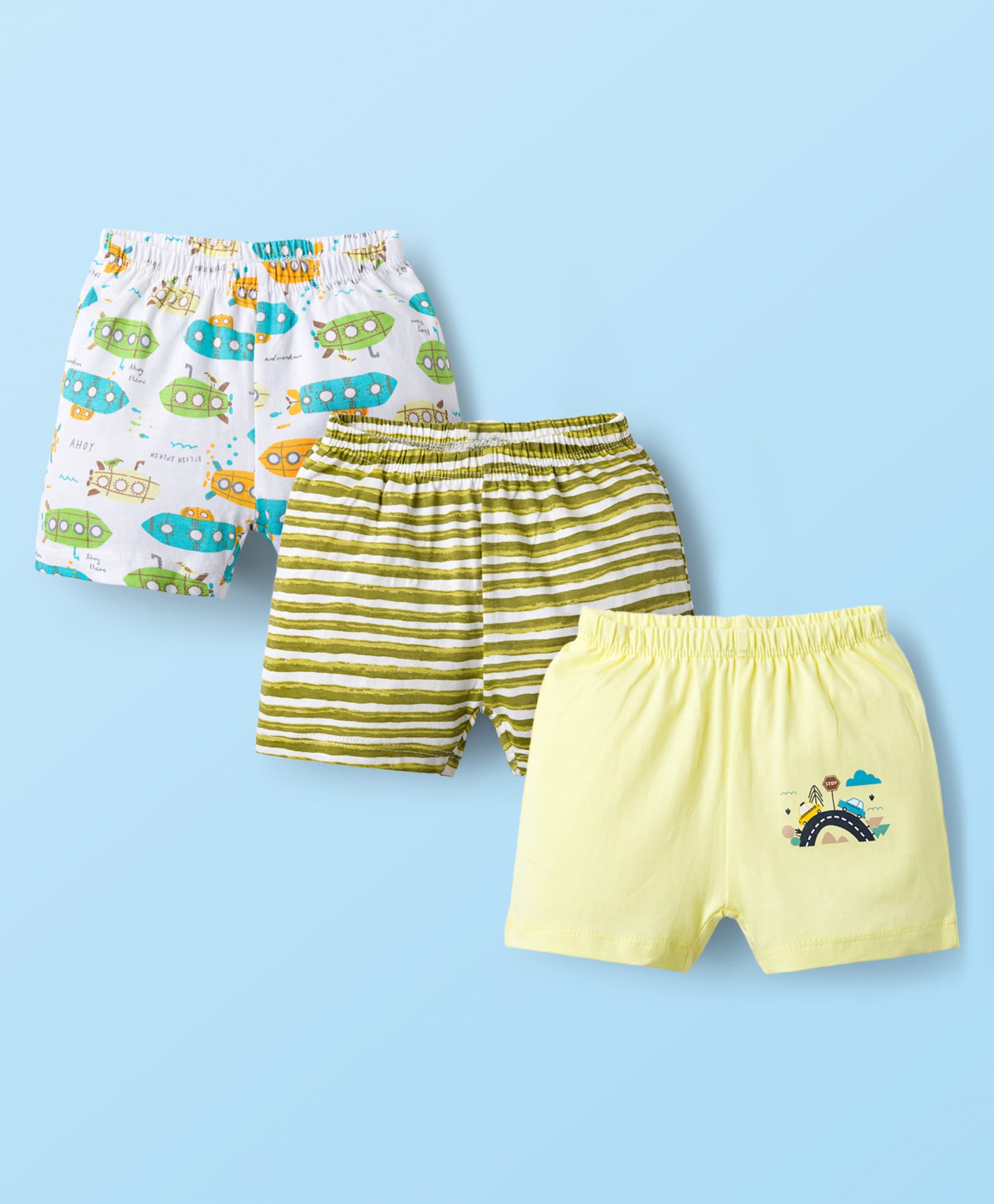 OHMS Single Jersey Knit Knee Length Shorts With Vehicle Print Pack Of 3 - Yellow White & Light Green-image-27