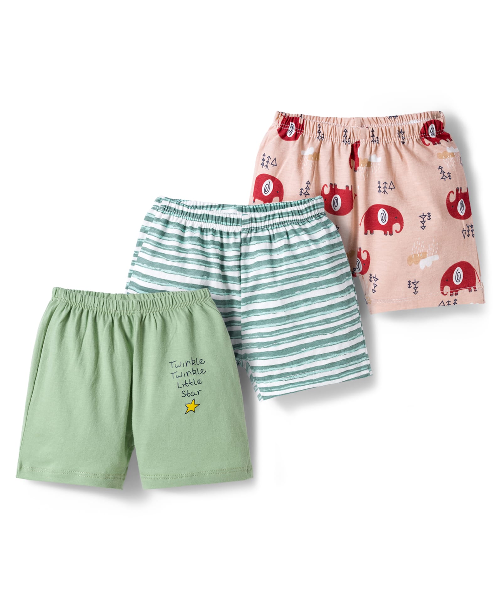 OHMS Single Jersey Knit Knee Length Shorts With Animal Print Pack Of 3 - Olive Green Light Blue & Pink-picture-38