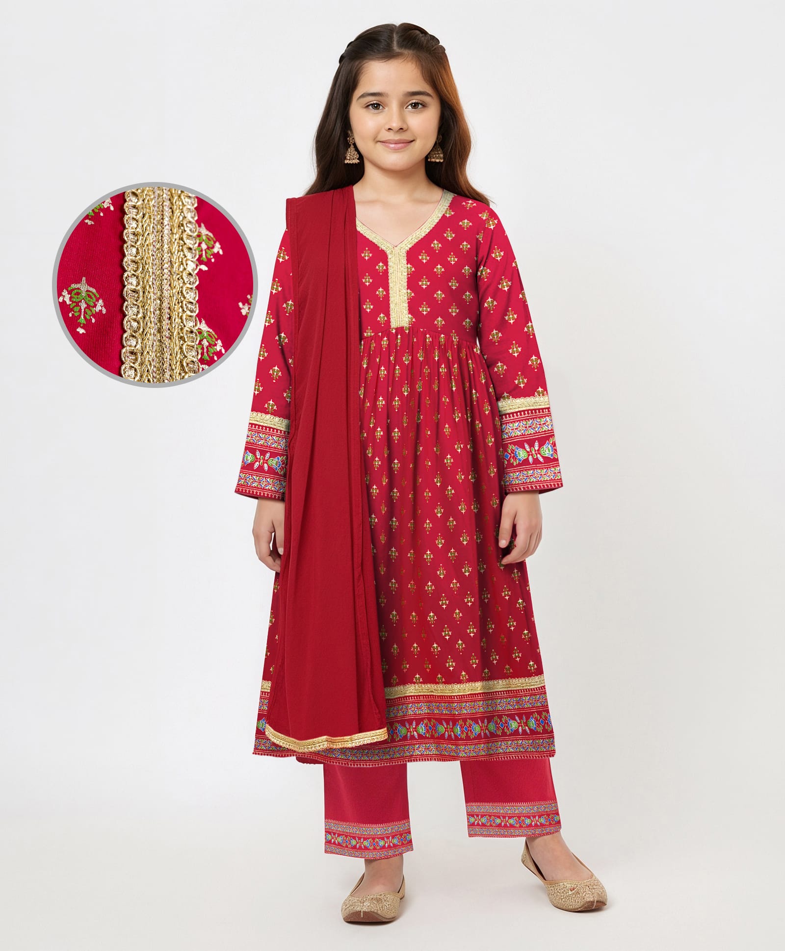 EARTHY TOUCH Single Jersey Knit Full Sleeves Kurta Salwar Set With Foil Floral Print & Dupatta - Red-picture-24