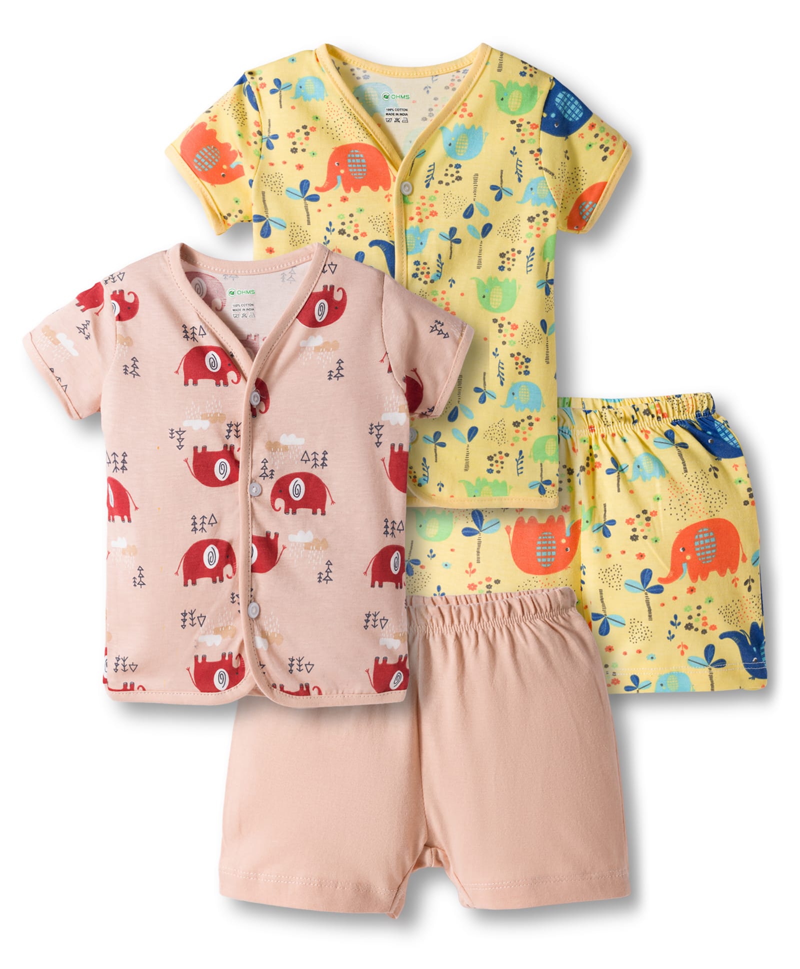 OHMS Single Jersey Knit Half Sleeves Front Open Shorts Co-ord Night Suits With Elephant Print Pack of 2 - Pink & Yellow-image-17