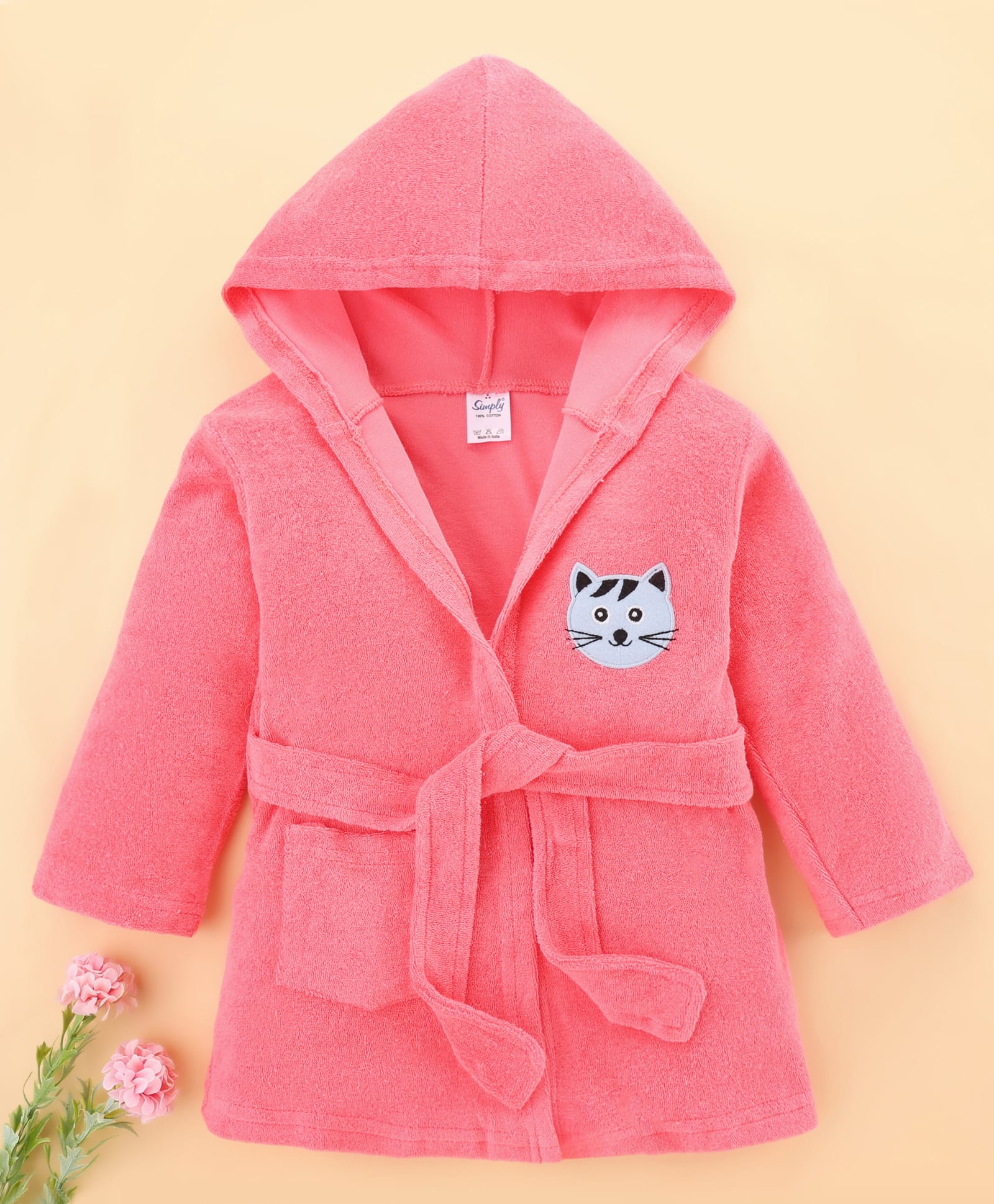 Simply Terry Knit Full Sleeves Hooded Bath Robe with Cat Embroidery - Pink-image-49
