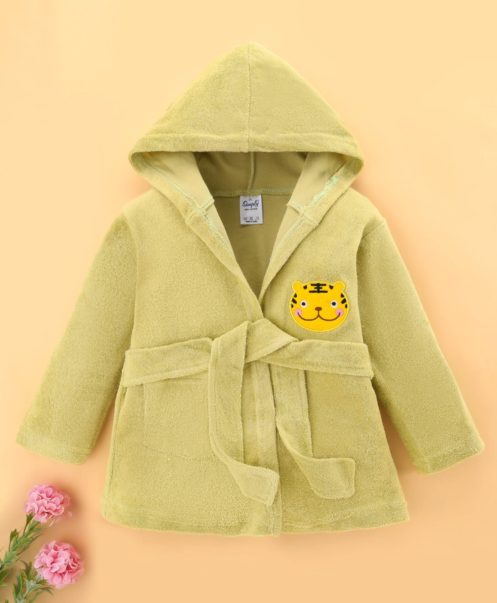 Simply Terry Knit Full Sleeves Hooded Bath Robe with Tiger Embroidery - Light Green-image-38