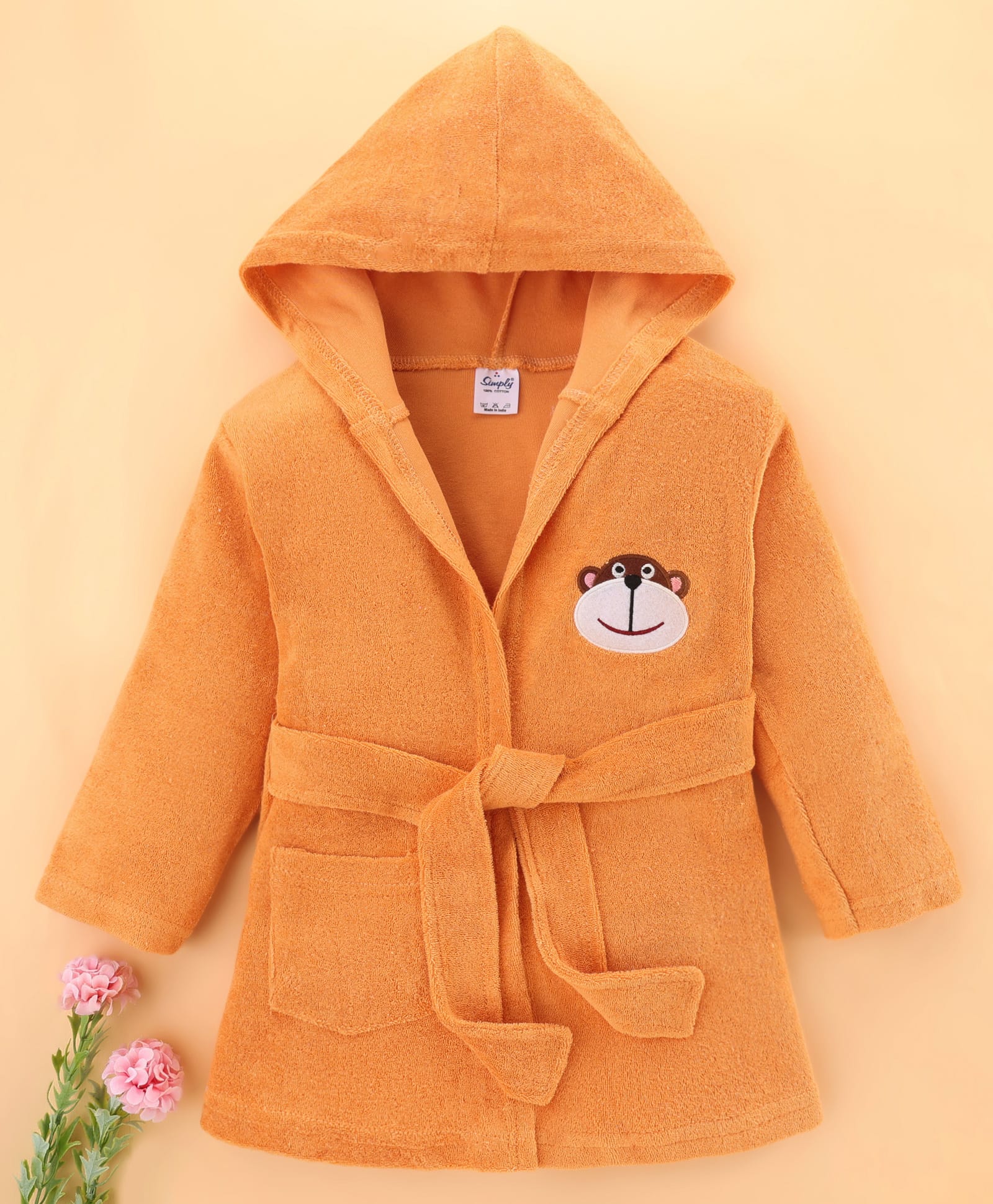 Simply Terry Knit Full Sleeves Hooded Bath Robe with Monkey Embroidery - Orange-image-27