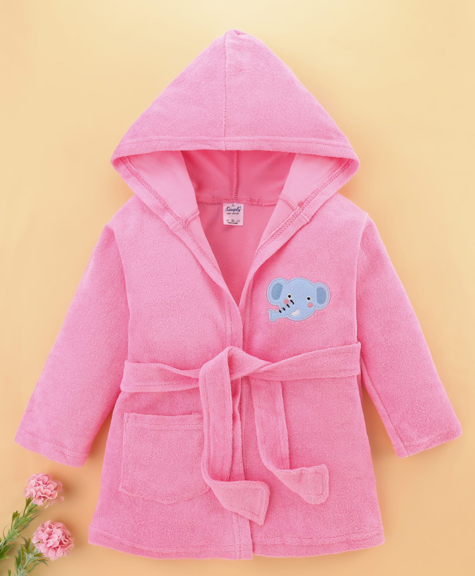 Simply Terry Knit Full Sleeves Hooded Bath Robe with Elephant Embroidery - Pink-image-46