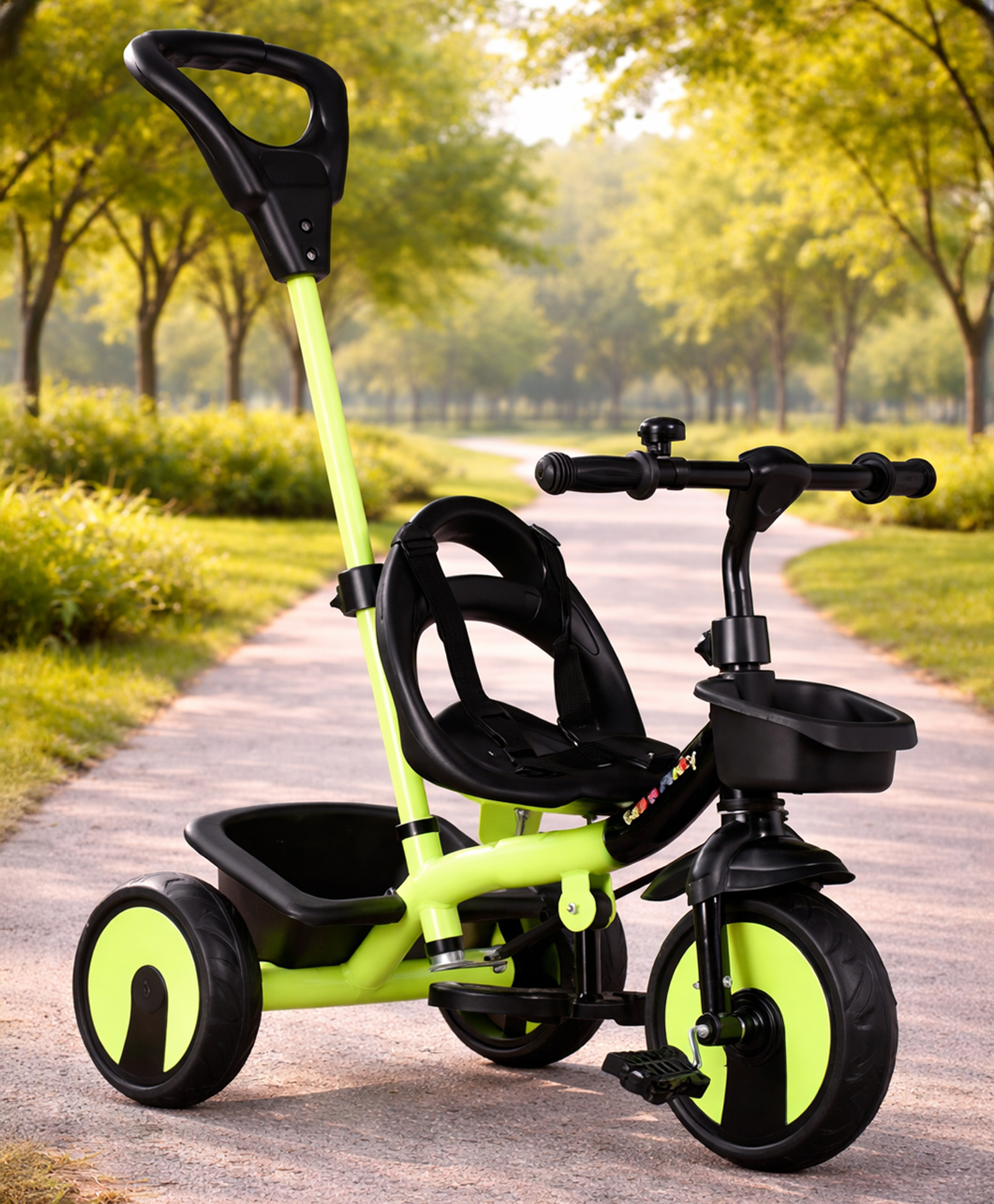 fab n funky Plug & Play Kids Tricycle with Parental Push Handle - Black & Neon| Safety Harness| High Backrest| Dual Storage Basket| Trike for Boys & Girls| Strong Durable Frame & Wheels-picture-40