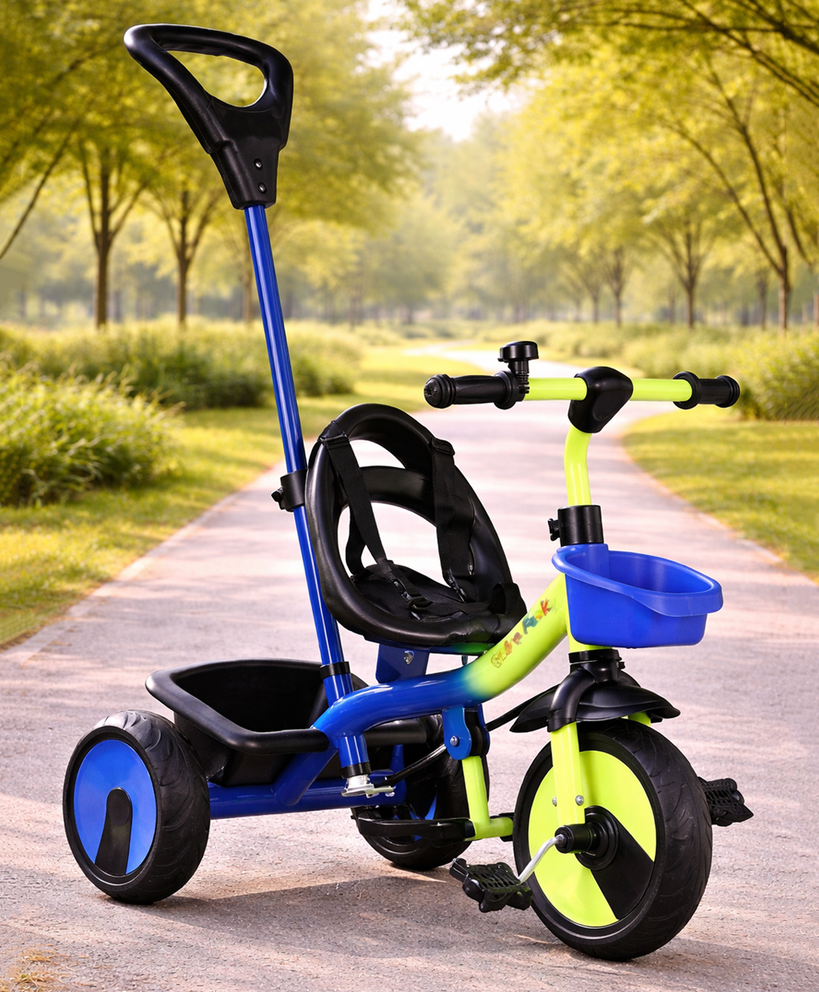 fab n funky Plug & Play Kids Tricycle with Parental Push Handle - Neon & Blue| Safety Harness| High Backrest| Dual Storage Basket| Trike for Boys & Girls| Strong Durable Frame & Wheels-picture-41