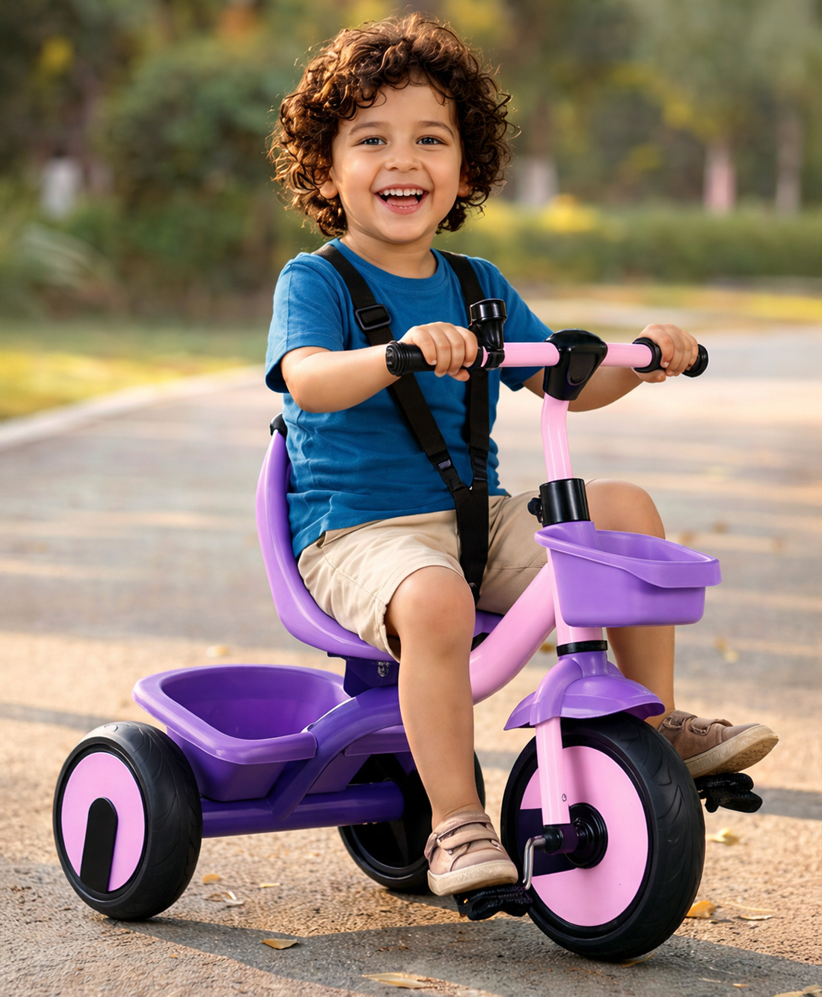 fab n funky Plug & Play Kids Tricycle with Safety Harness - Pink & Purple| Strong Durable Frame & Wheels| Front & Rear Storage Basket| Trike for Boys & Girls| High Backrest-picture-37