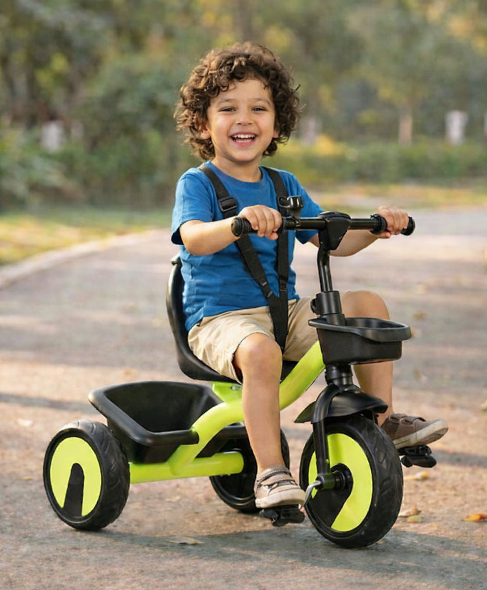 fab n funky Plug & Play Kids Tricycle with Safety Harness - Black & Neon| Strong Durable Frame & Wheels| Front & Rear Storage Basket| Trike for Boys & Girls| High Backrest-picture-35
