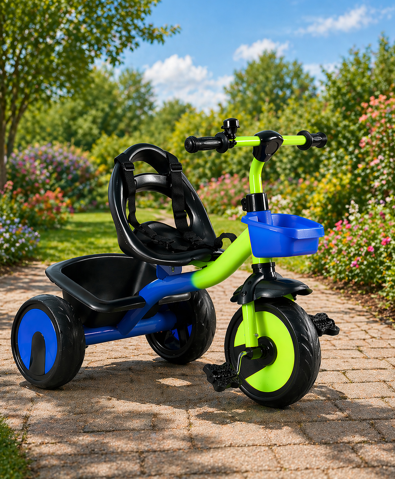 fab n funky Plug & Play Kids Tricycle with Safety Harness - Neon & Blue| Strong Durable Frame & Wheels| Front & Rear Storage Basket| Trike for Boys & Girls| High Backrest-picture-36
