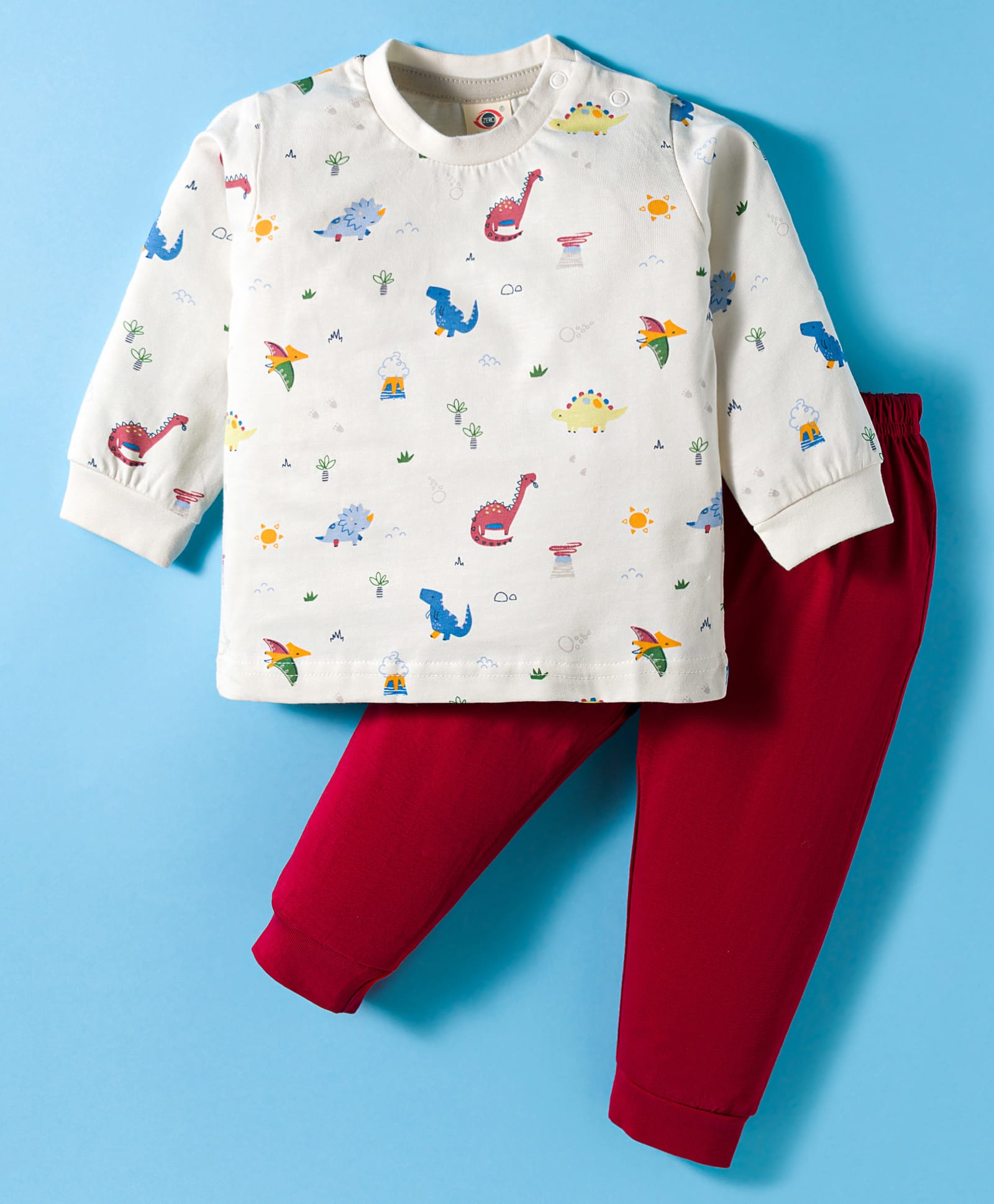 Zero Sinker Woven Full Sleeves Night Suit With Dino Print - White & Red-image-36