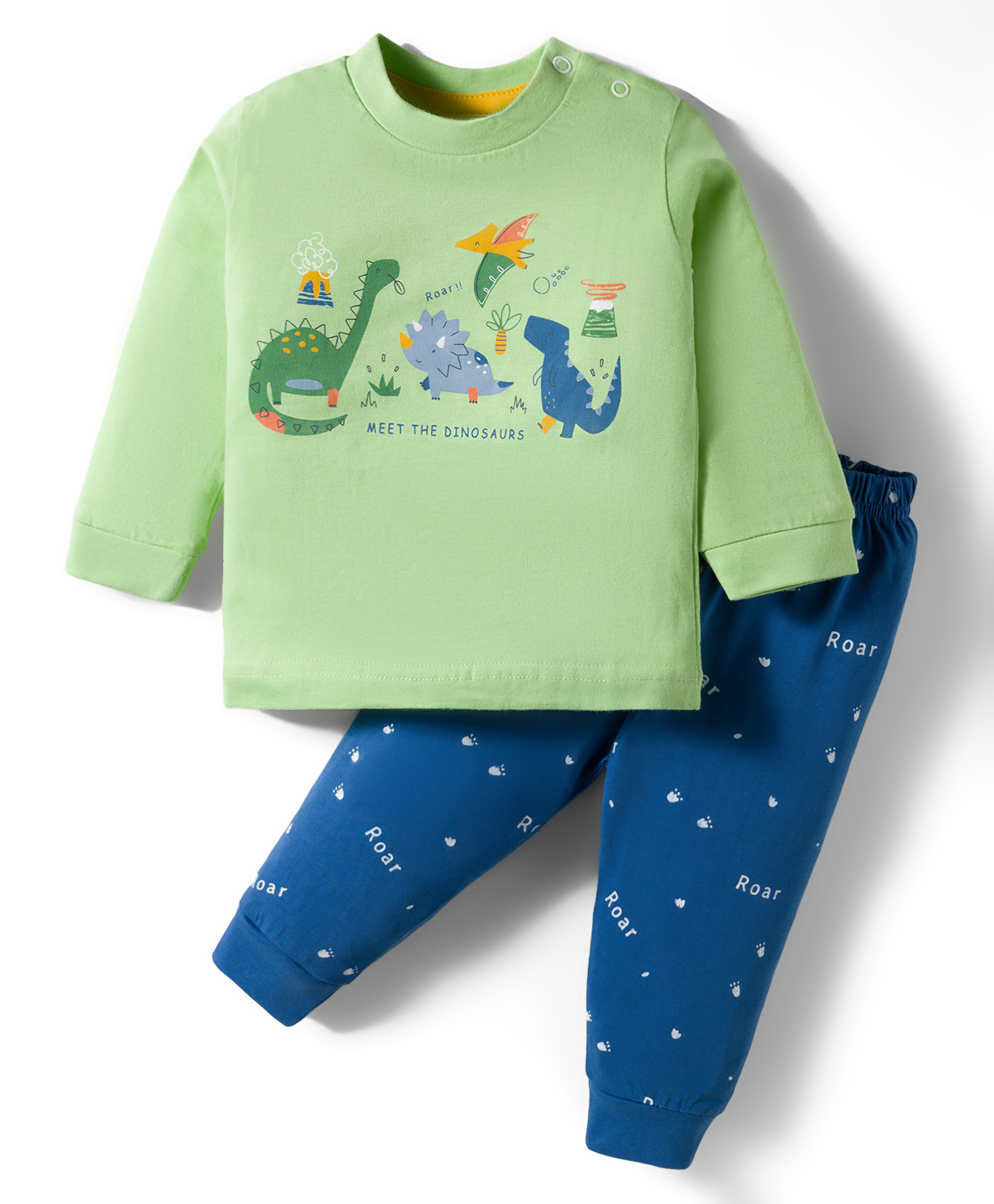 Zero Sinker Woven Full Sleeves Night Suit With Dino Print - Blue & Green-picture-18