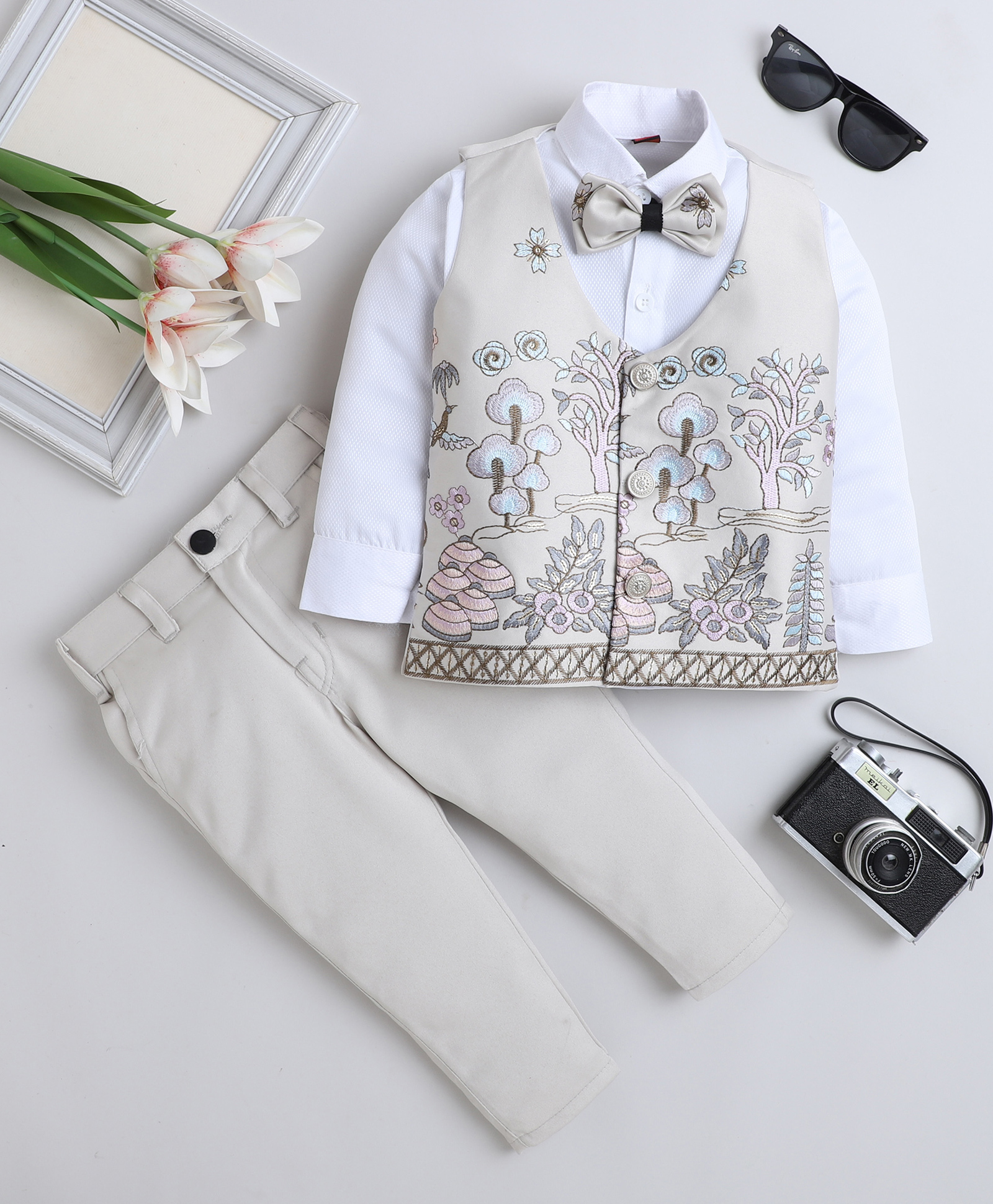 Fourfolds Cotton Blend Woven Full Sleeves Trees & Floral Embroidered 3 Piece Party Suit With Bow Set - Grey