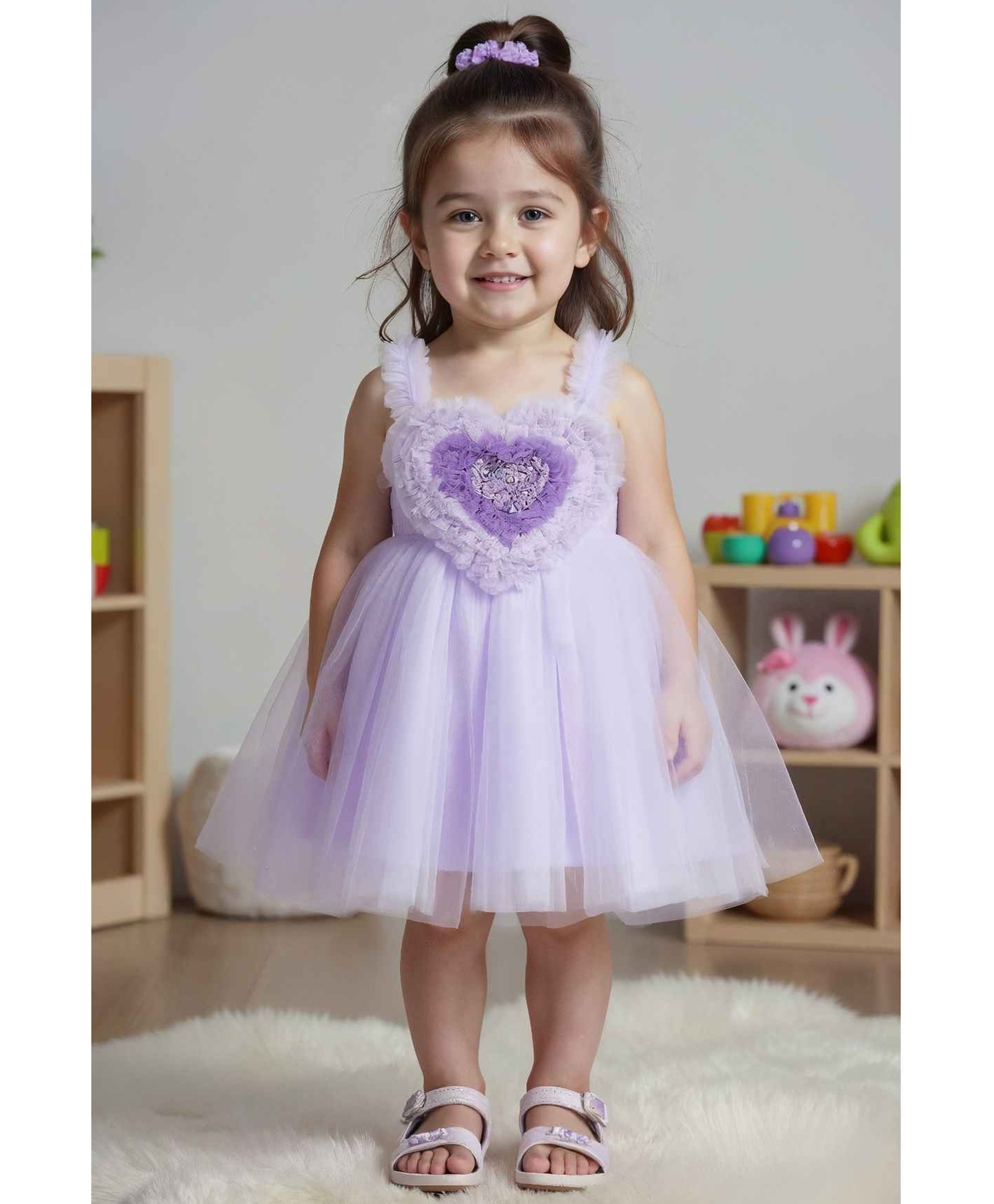 Lagorii Net Woven Sleeveless Heart Frill Applique Detailed Dress - Lilac-picture-26