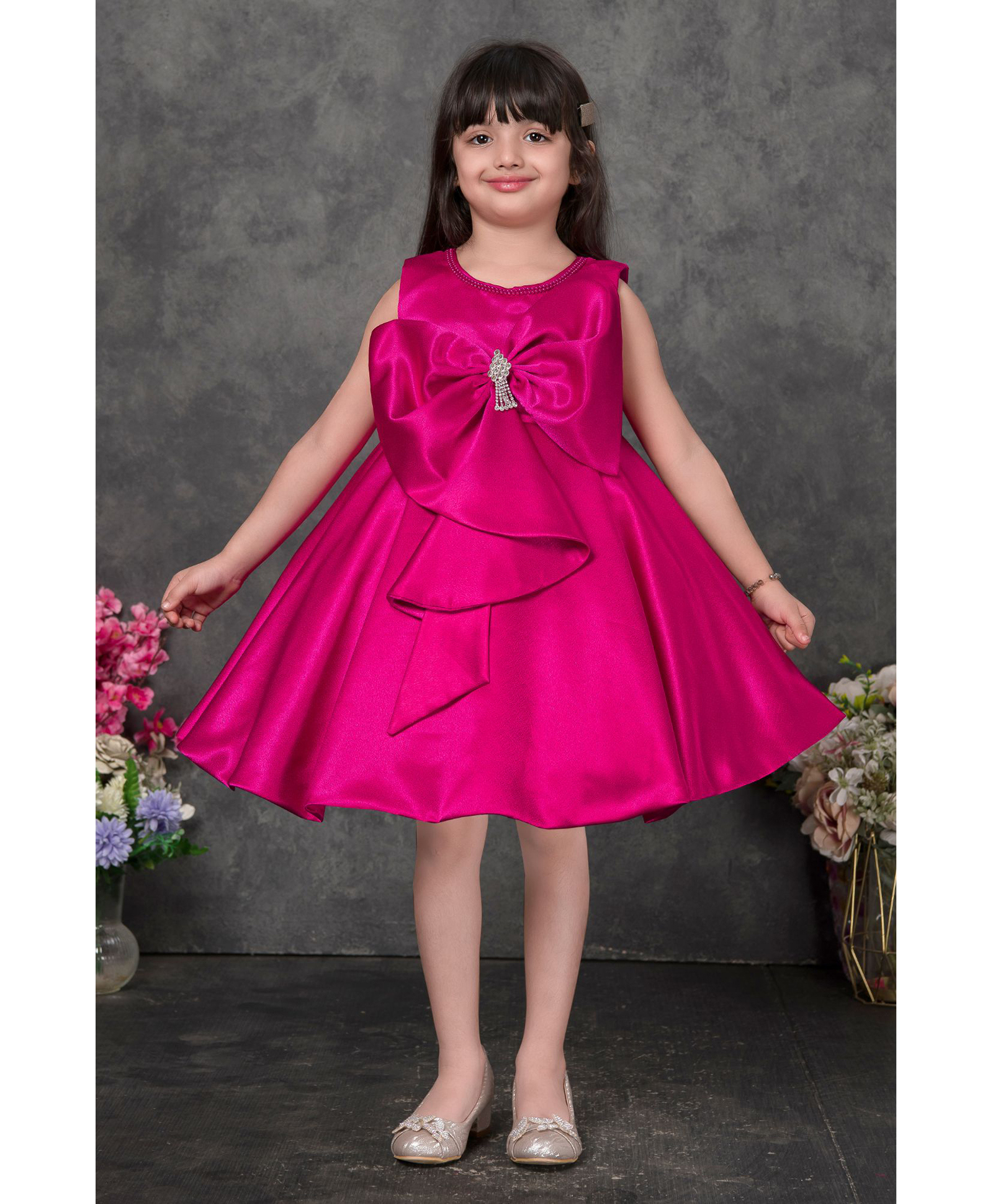 Lagorii Satin Woven Sleeveless Bow Embellished Dress - Pink-image-47