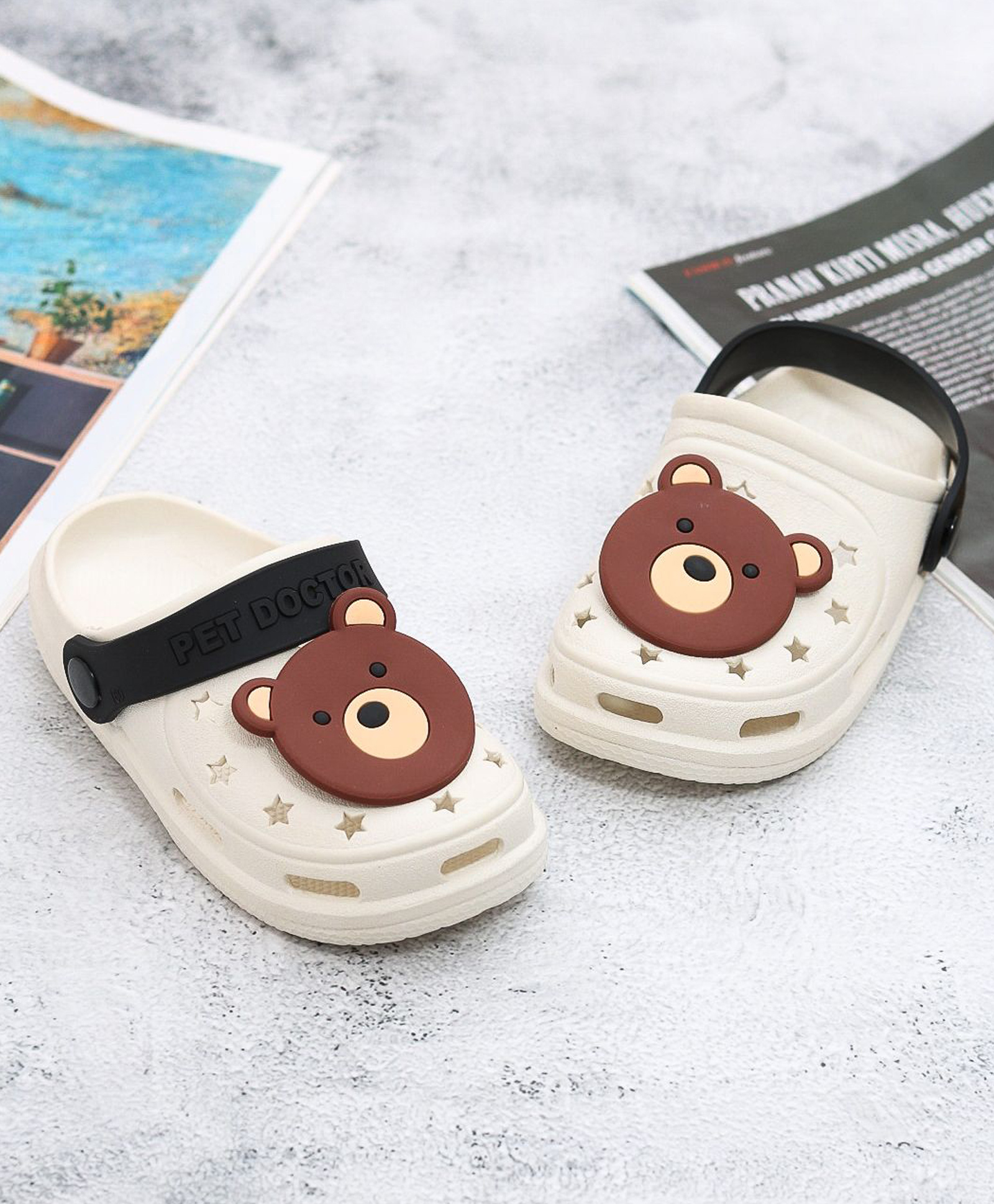 Yellow Bee Solid Perforated Clogs With Teddy Bear Face Charm - Beige-image-43