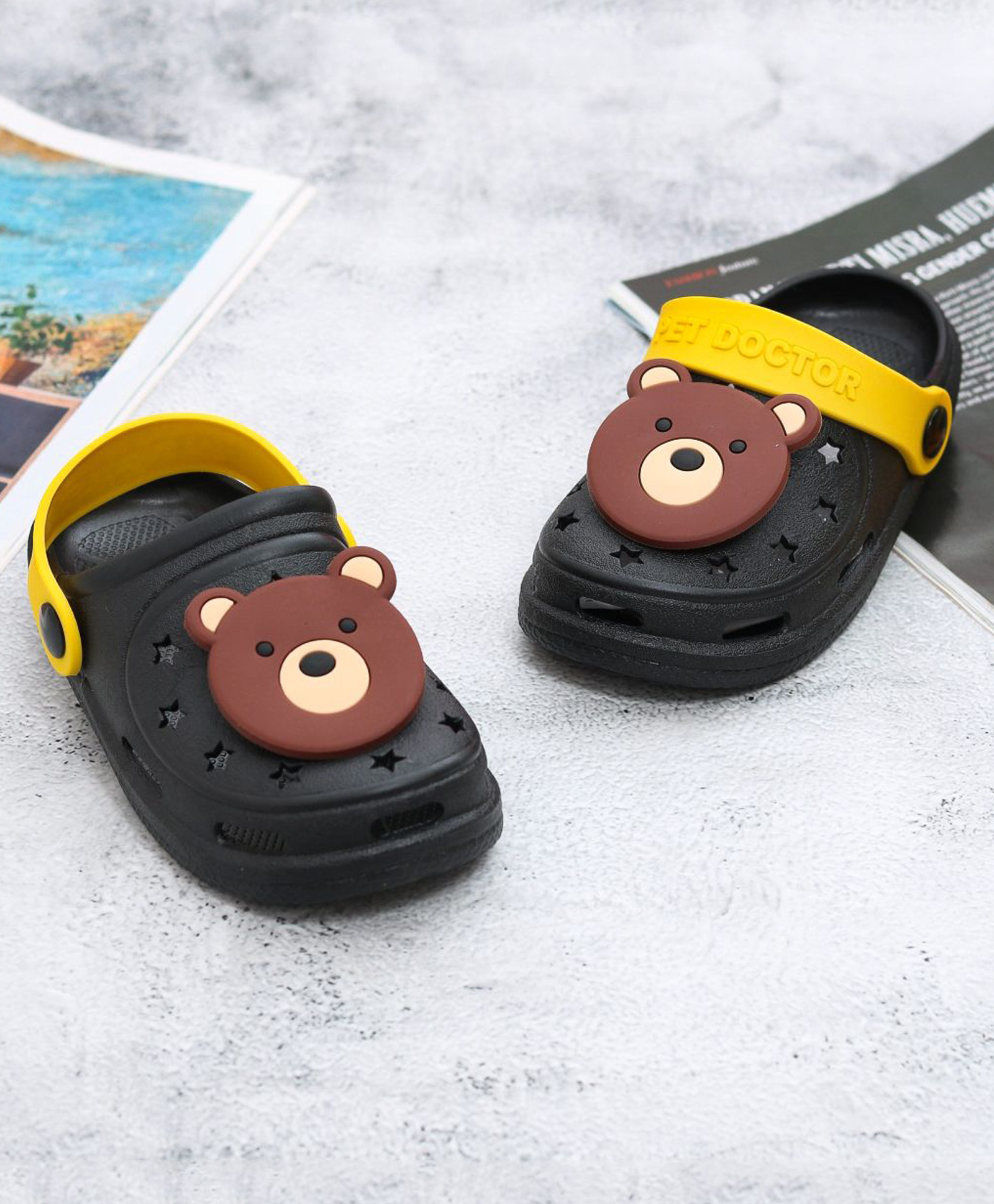 Yellow Bee Solid Perforated Clogs With Teddy Bear Face Charm - Black-image-39