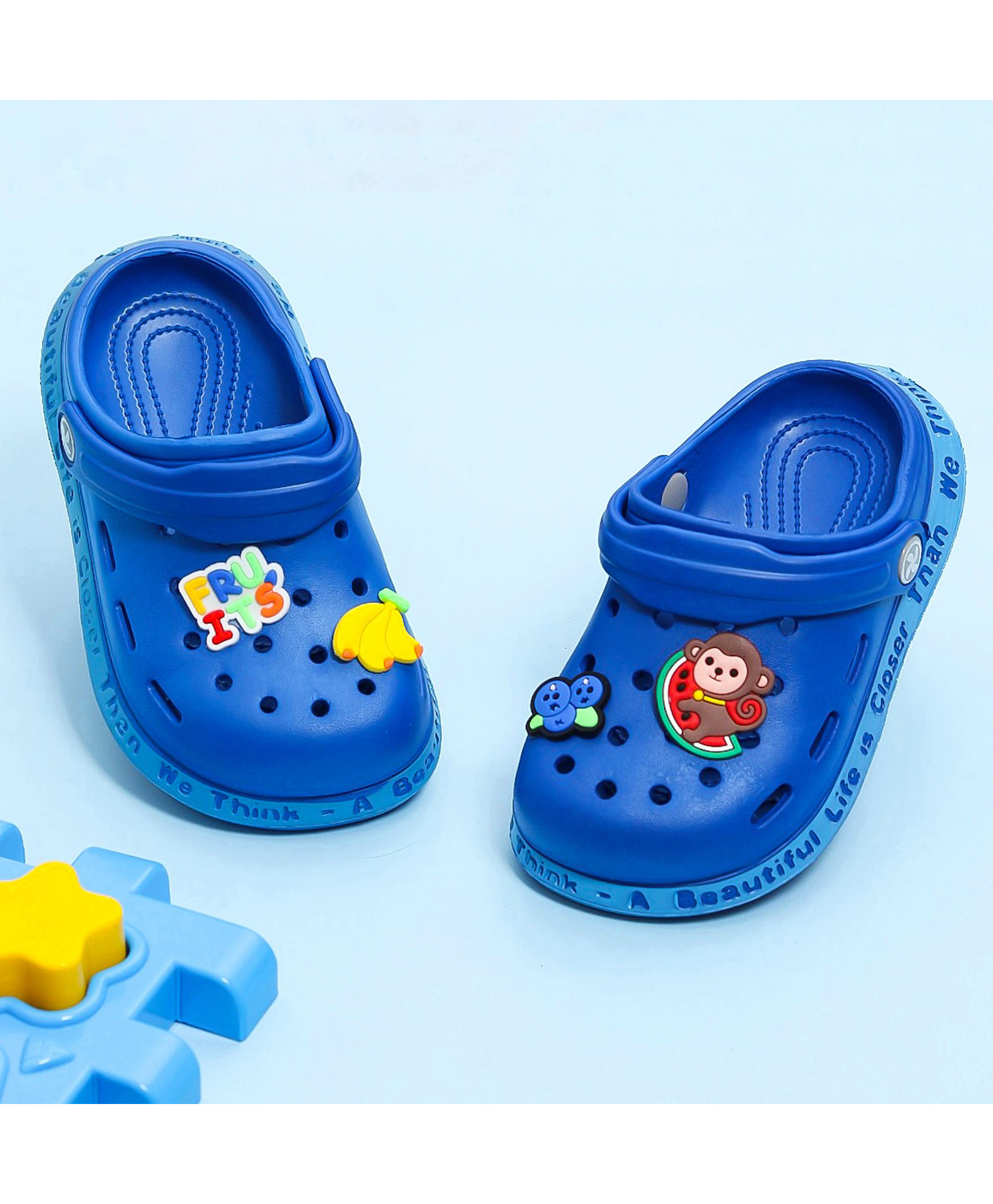 Yellow Bee Baby Monkey Applique Detailed Perforated Slingback Clogs - Dark Blue-picture-27