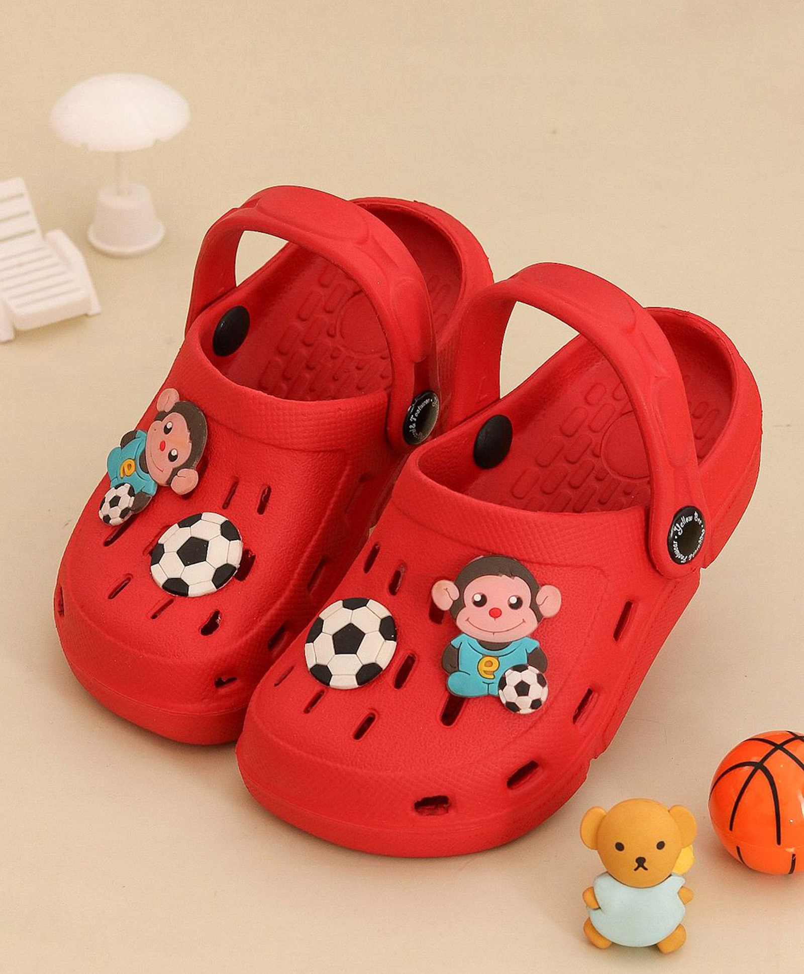 Yellow Bee Soccer & Monkey Applique Detailed Clogs - Red-image-20