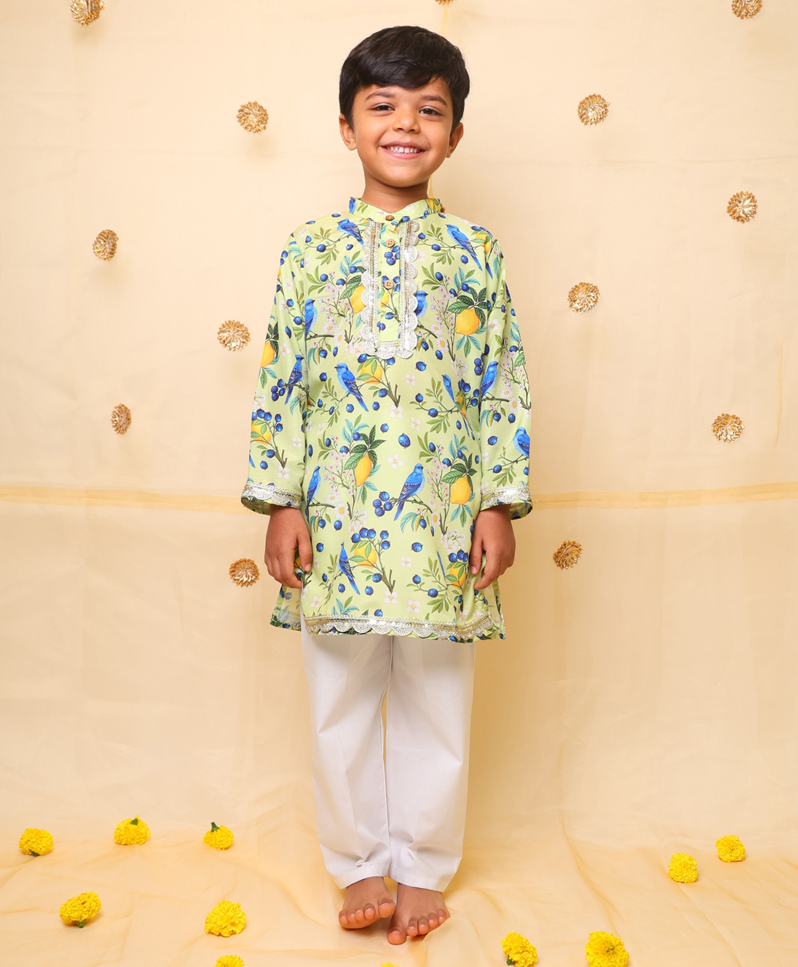 KNITROOT Cotton Blend Woven Full Sleeves Birds & Fruits Printed Kurta With Pyjama Set - Light Green & White-image-5