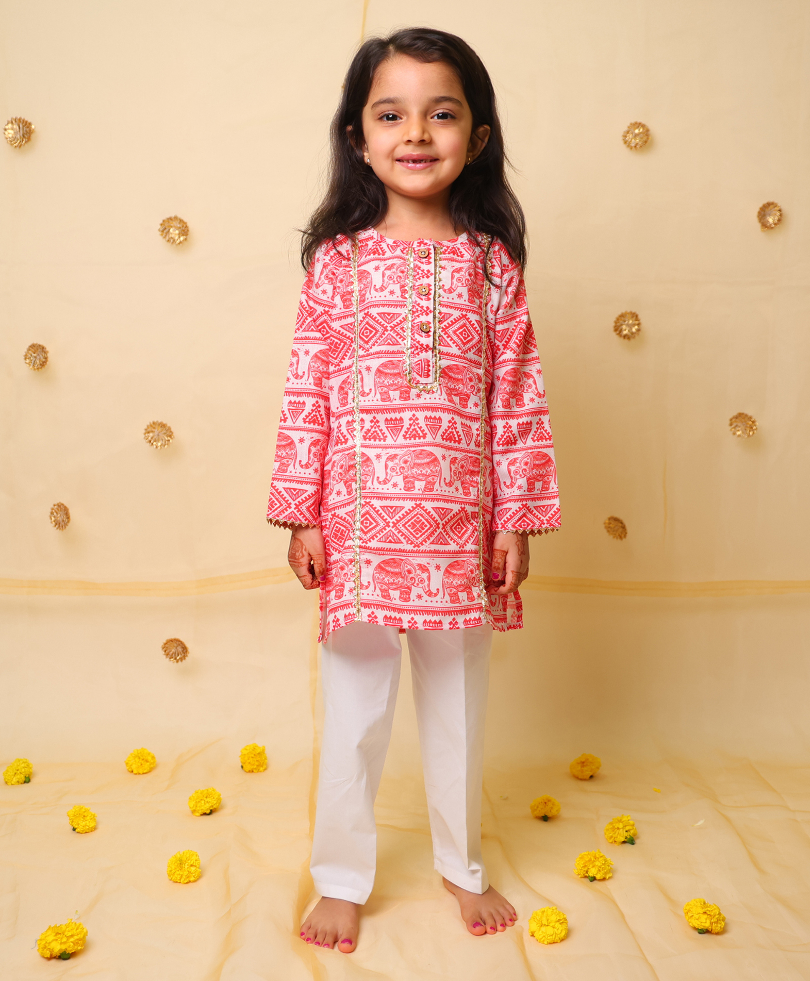 KNITROOT Cotton Blend Woven Full Sleeves Elephant & Ethnic Printed Kurti With Pants Set - Red & White-image-49