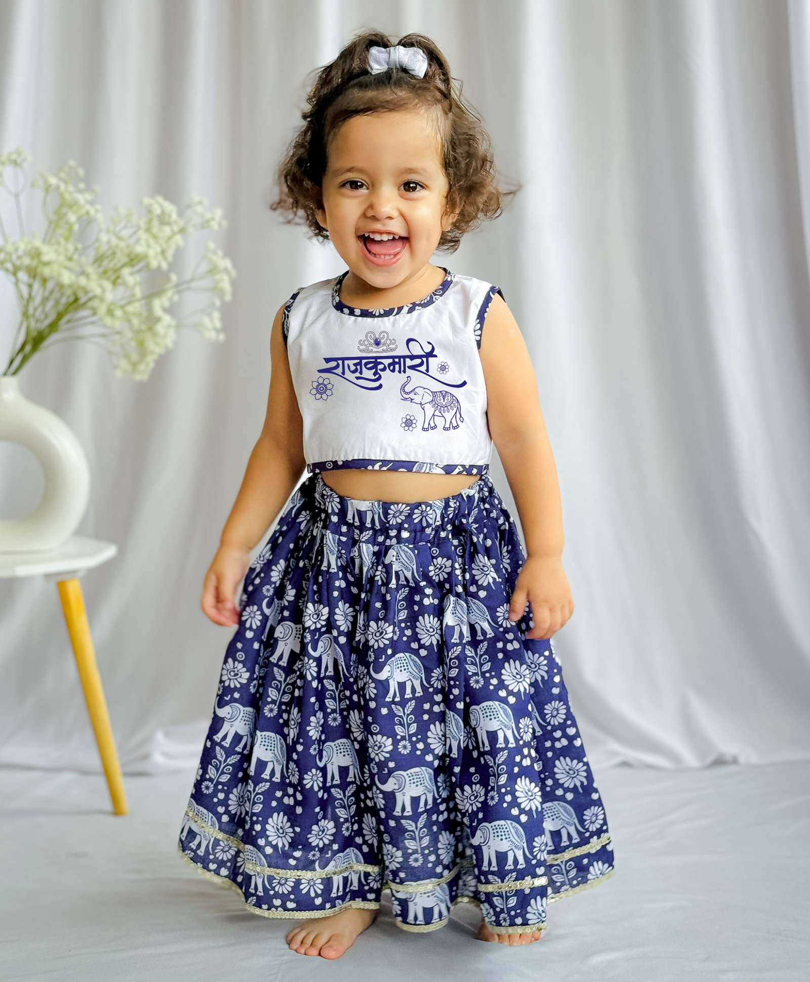 KNITROOT Cotton Blend Woven Sleeveless Rajkumari Text & Floral Printed Lehenga Choli Set - Blue & White-image-26