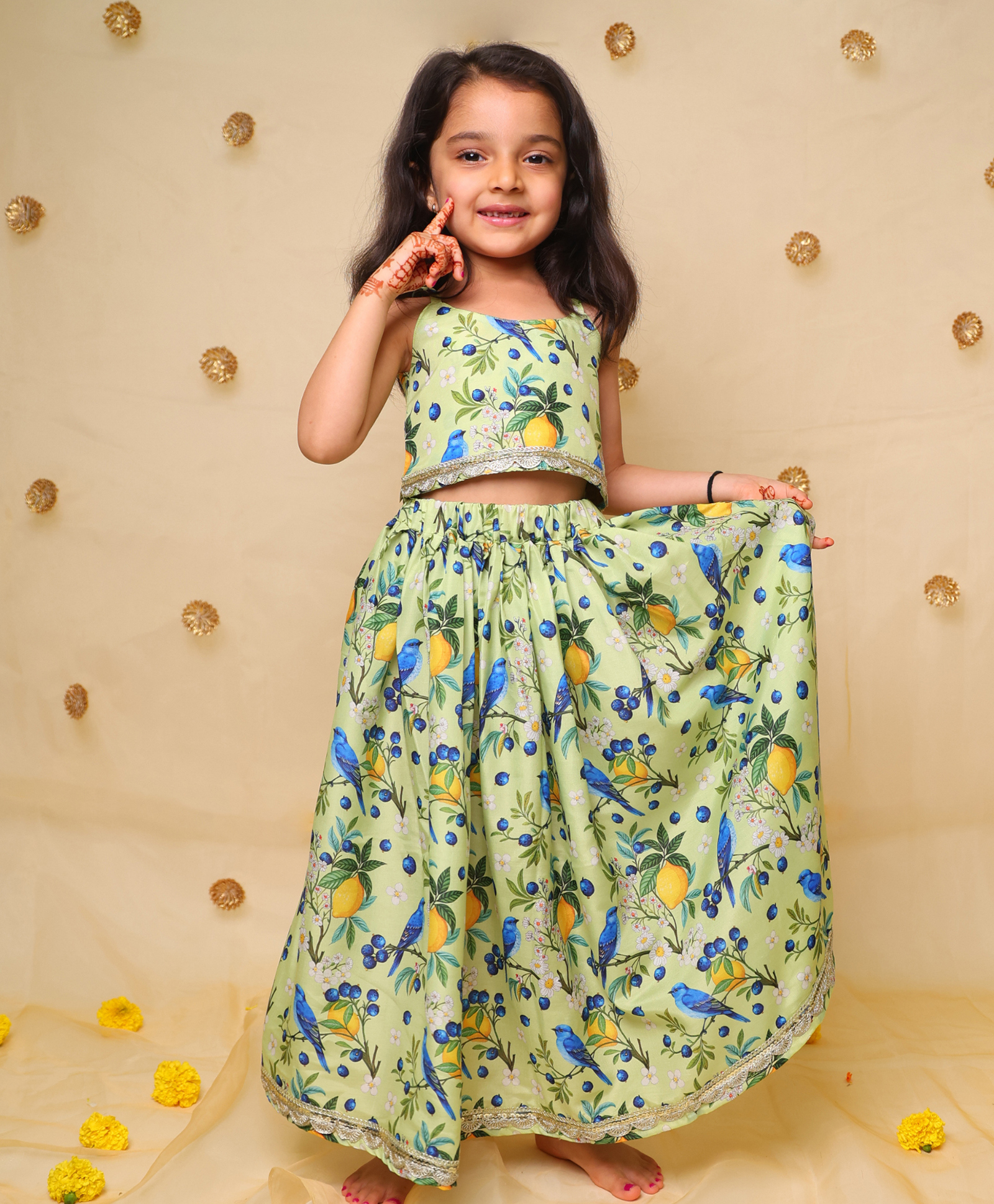 KNITROOT Cotton Blend Woven Sleeveless Bird & Fruits Printed Lehenga Choli Set - Light Green-image-9