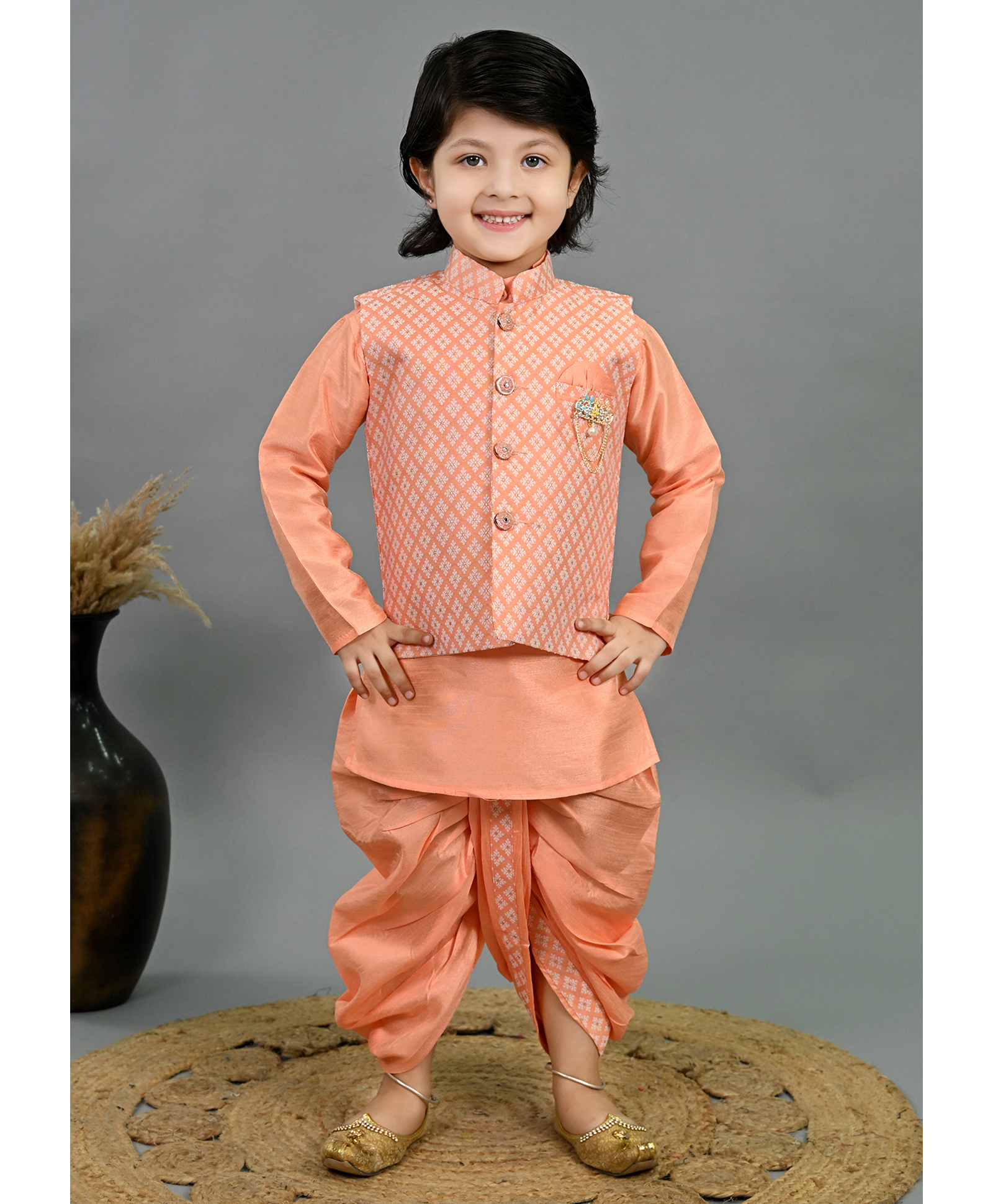 BT DEZINES Cotton Silk Woven Full Sleeves Geometric Embroidered Kurta Dhoti Set With Jacket - Peach-image-16