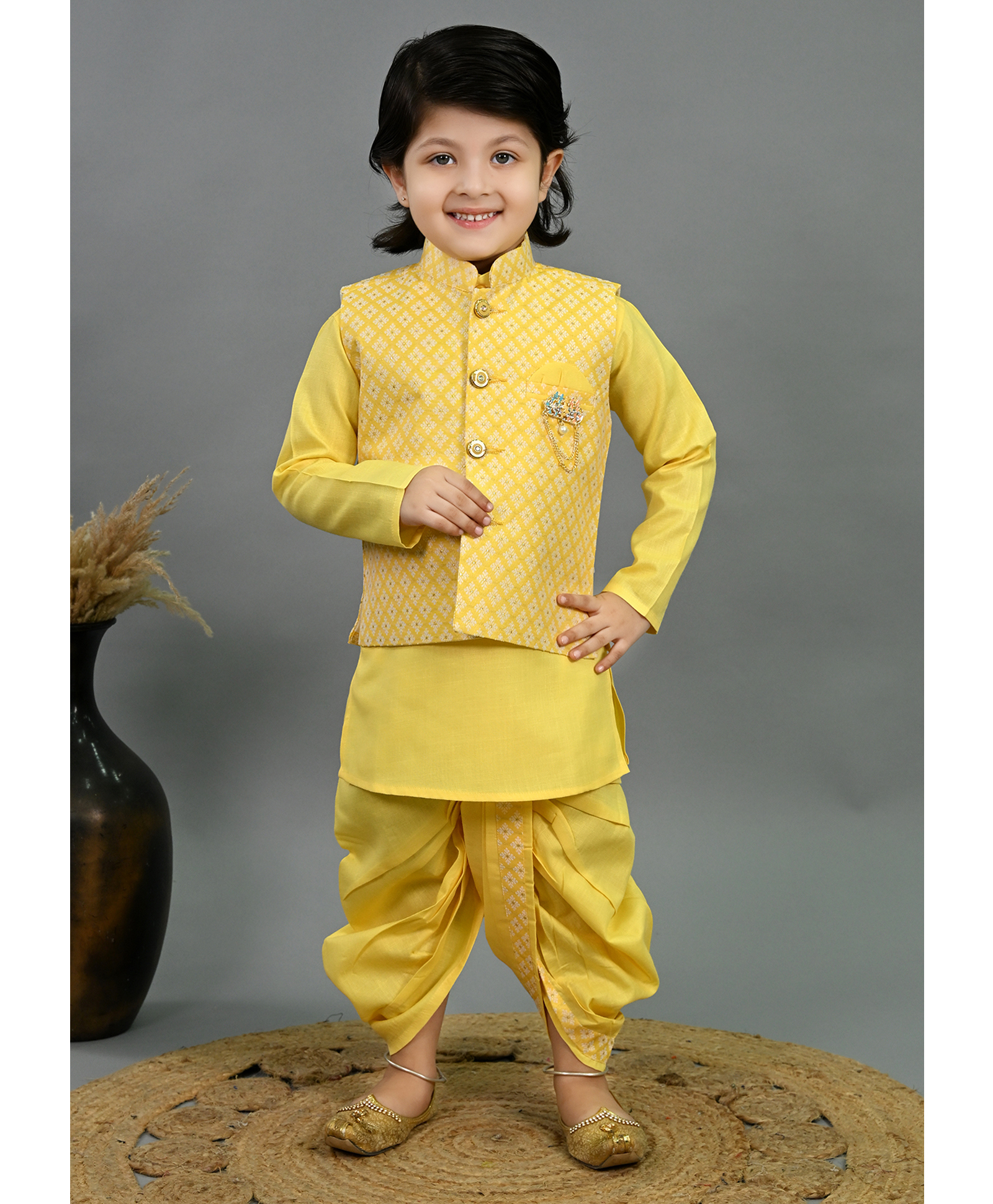 BT DEZINES Cotton Silk Woven Full Sleeves Geometric Embroidered Kurta Dhoti Set With Jacket - Yellow-picture-20