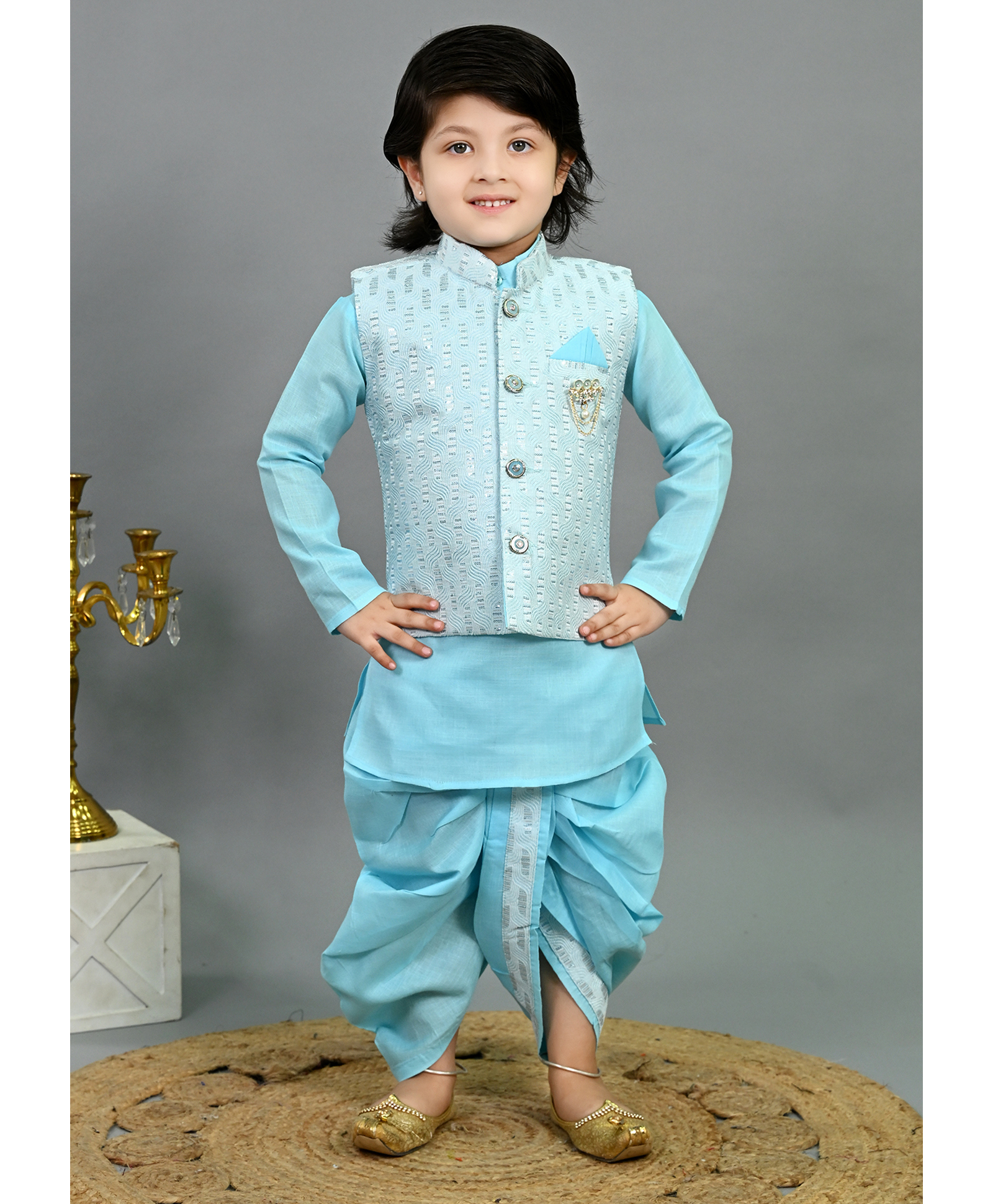 BT DEZINES Cotton Silk Woven Full Sleeves Sequin Embellished Kurta Dhoti Set With Jacket - Sky Blue-image-37