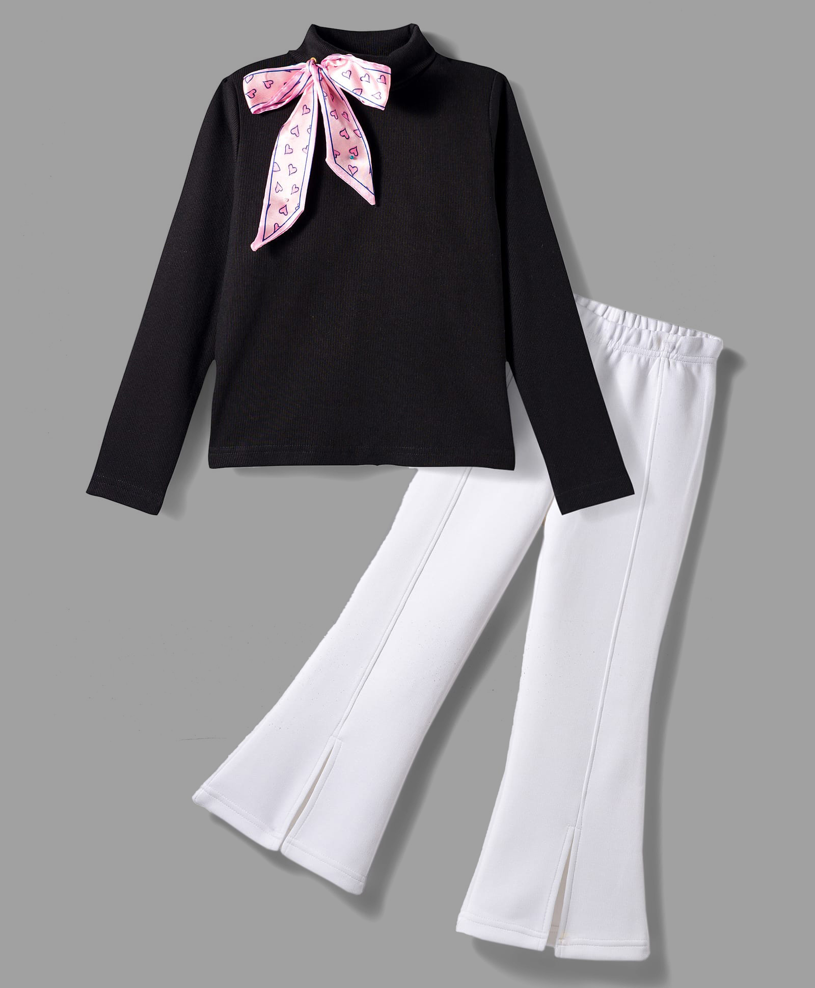 Tiara Cotton Rib Knit Full Sleeves Bow Applique Winter High Neck Top With Bell Bottom Set - Black-image-10