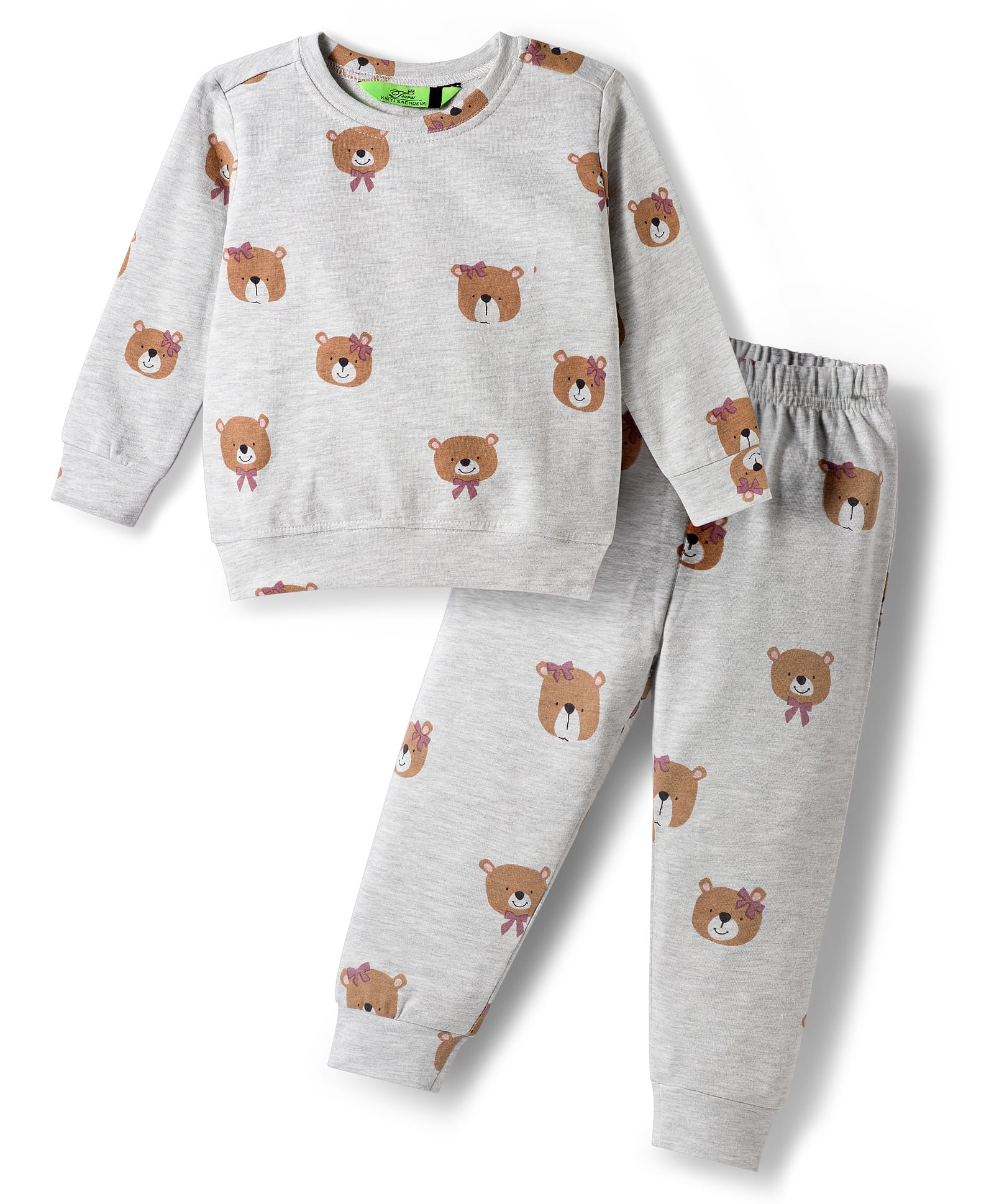 Tiara Fleece Knit Full Sleeves Teddy Bear Face Printed Winter Sweatshirt With Coordinating Joggers Set - Grey-picture-35