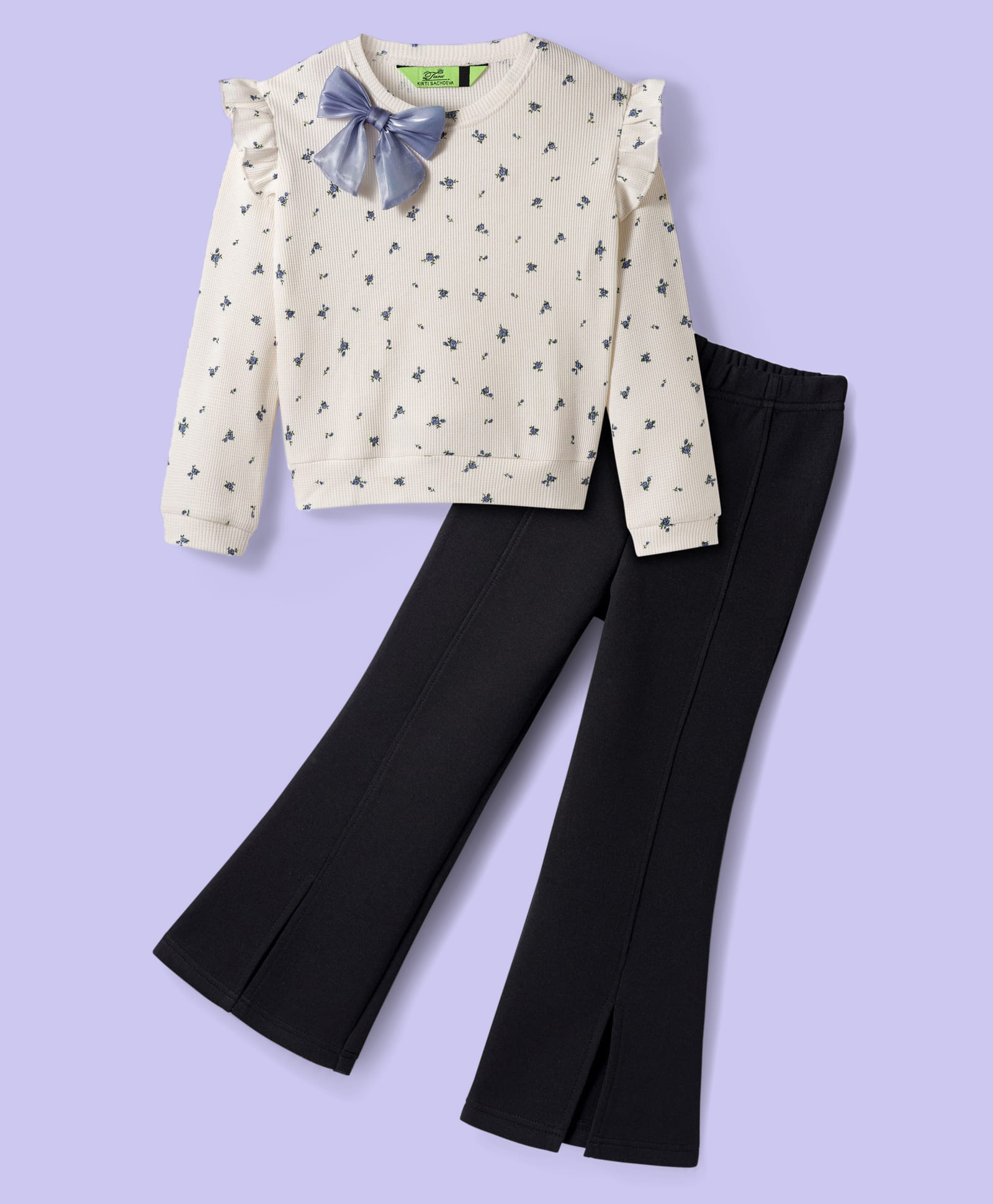 Tiara Waffle Knit Full Sleeves Floral Printed Bow Applique Detailed Winter Sweatshirt With Front Slit Bell Bottom Pant Set - Lilac-picture-45