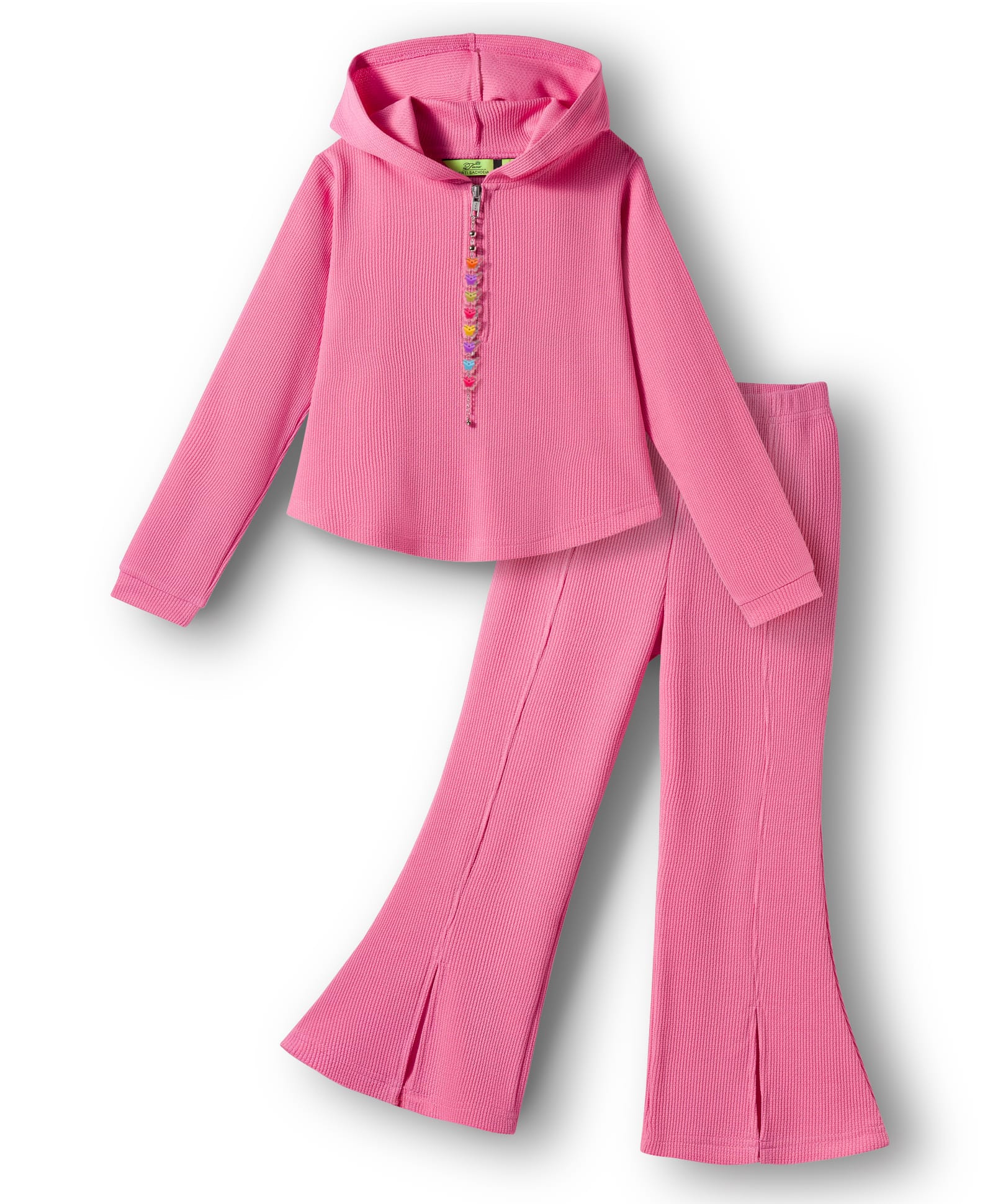 Tiara Waffle Knit Full Sleeves Ribbed Butterfly Tassel Zipper Detailed Winter Sweatshirt With Bell Bottom Pant Set - Pink-image-31
