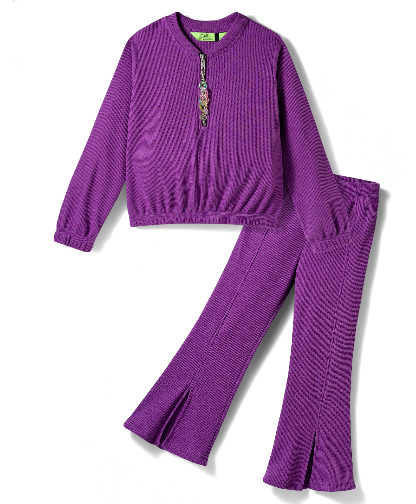 Tiara Waffle Knit Full Sleeves Ribbed Geometric Tassel Zipper Detailed Winter Sweatshirt With Bell Bottom Pant Set - Purple-picture-12