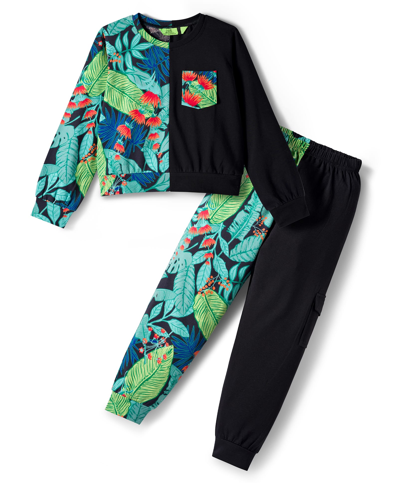 Tiara Cotton Elastane Knit Full Sleeves Tropical Printed Top With Joggers Set - Black-picture-11