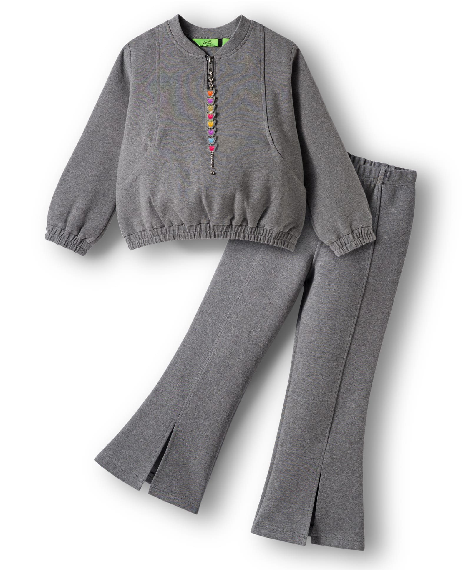 Tiara Waffle Knit Full Sleeves Geometric Tassel Zipper Detailed Winter Sweatshirt With Bell Bottom Pant Set - Grey-picture-33