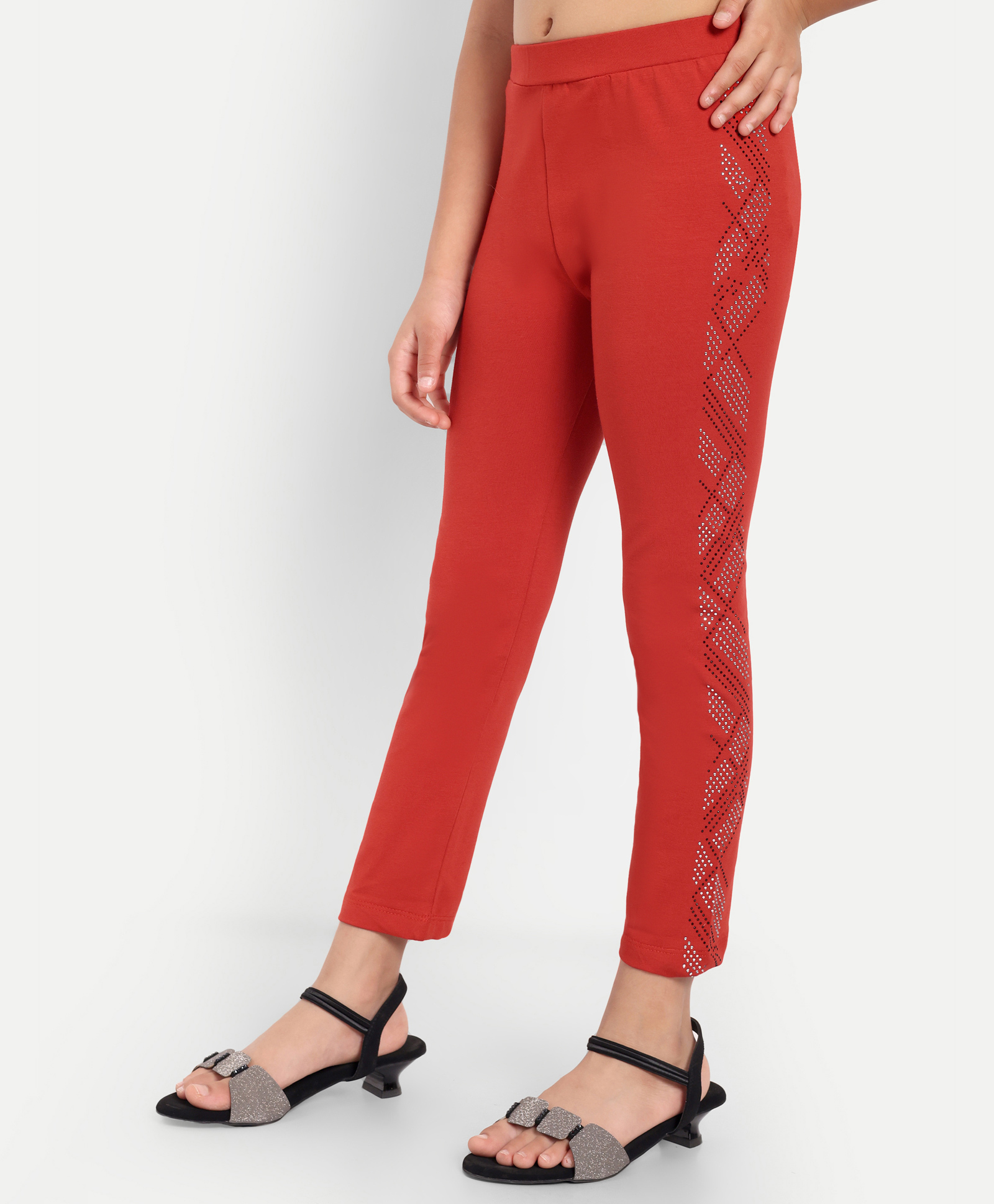 Nino Togs Cotton Lycra Knit Stone Embellished Legging - Red-picture-13
