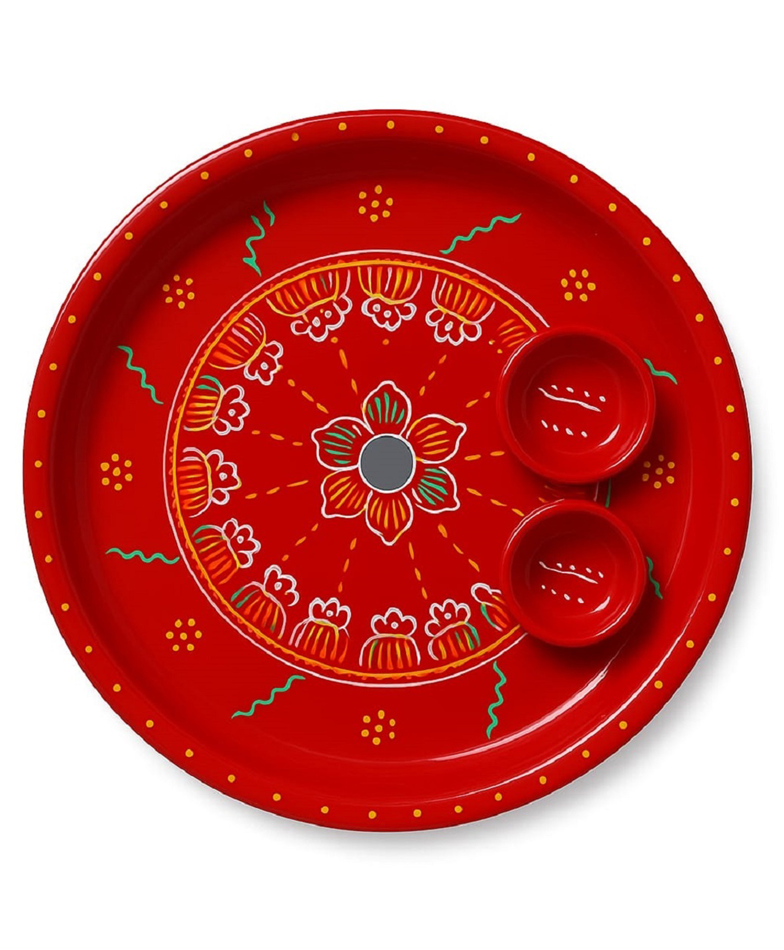 Enorme 8 Inch Traditional Flower Hand-Painted Red Pooja Thali With 2 Kumkum and Akshat Containers l Decorative Puja Plate For Festivals And Rituals-image-4